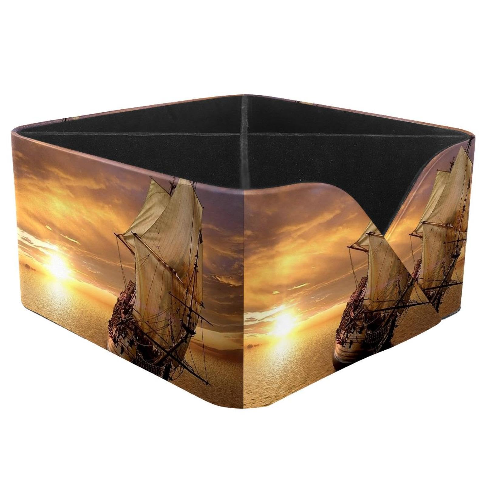 KengjuTesu Sunset Ocean Sail Ship Desktop Organizer Pen Holder, Rectangular Pencil Cup for Office, Study and Makeup Stations
