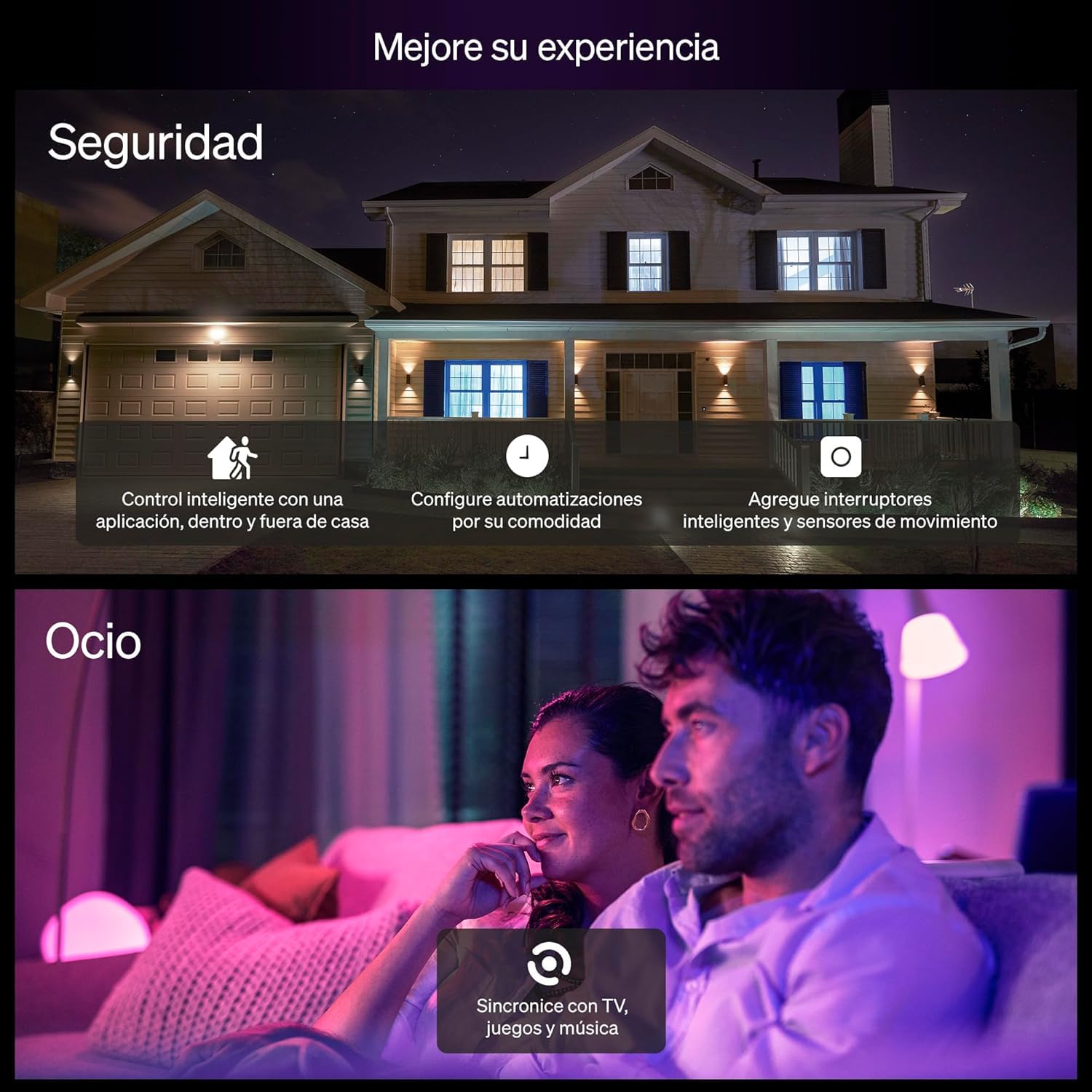 Philips Hue Essential Foco LED GU10, Bombilla LED Inteligente, Luz ambiente blanca y de colores, 4,7 W, 2200 K-6500 K, 345 lm, regulable, funciona con Alexa, Google Assistant y Apple Home, Pack de 4