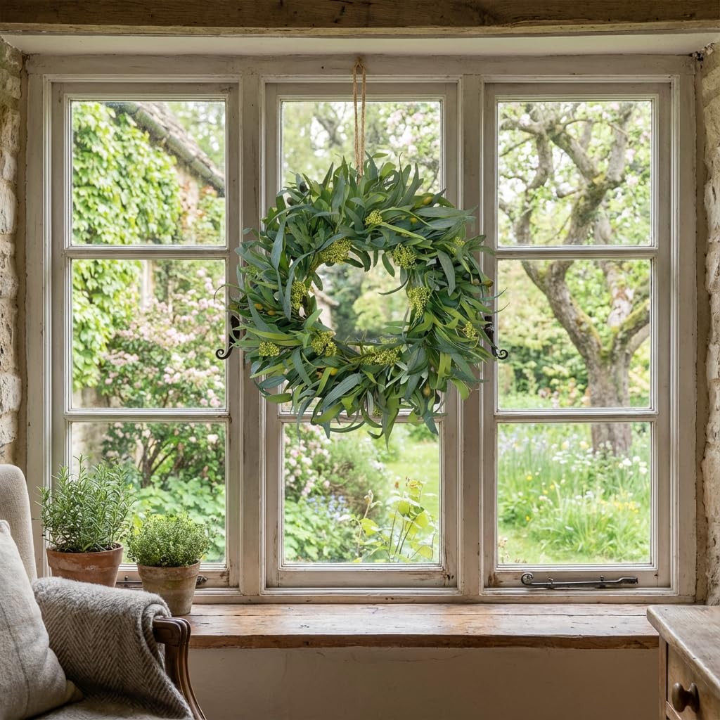 24 Inch Olive Wreath for Front Door - Artificial Greenery Spring Summer Wreath with Mixed Willow Leaves & Olive Fruit - Large All Season Farmhouse Decor for Indoor Outdoor Wall Wedding