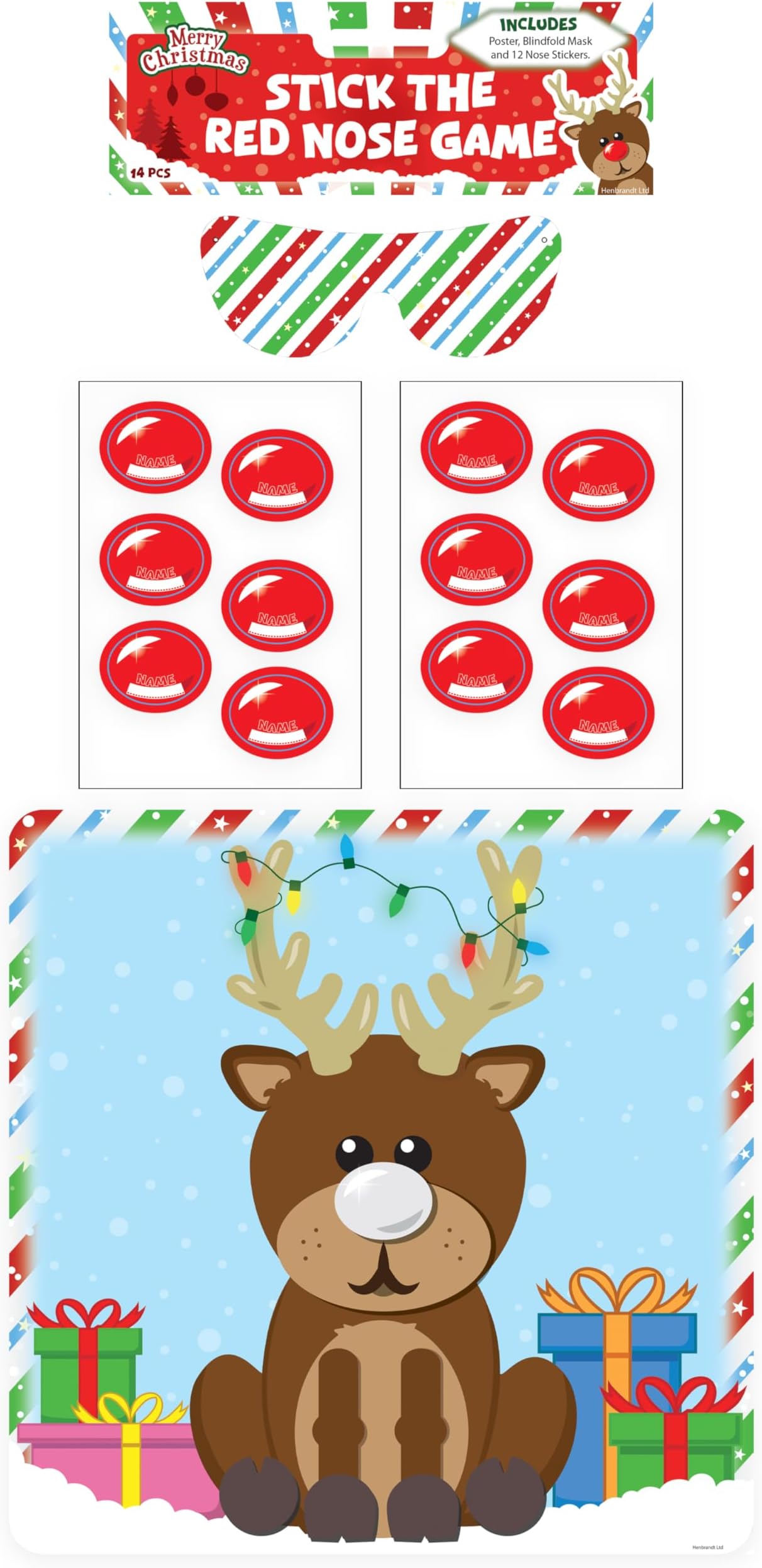 HENBRANDT 1 x Stick the Red Nose on the Reindeer 14pcs Christmas Party Game Rudolph Xmas Family Festive Games Christmas Stocking Filler Party Fillers Activity Game for Boys and Girls