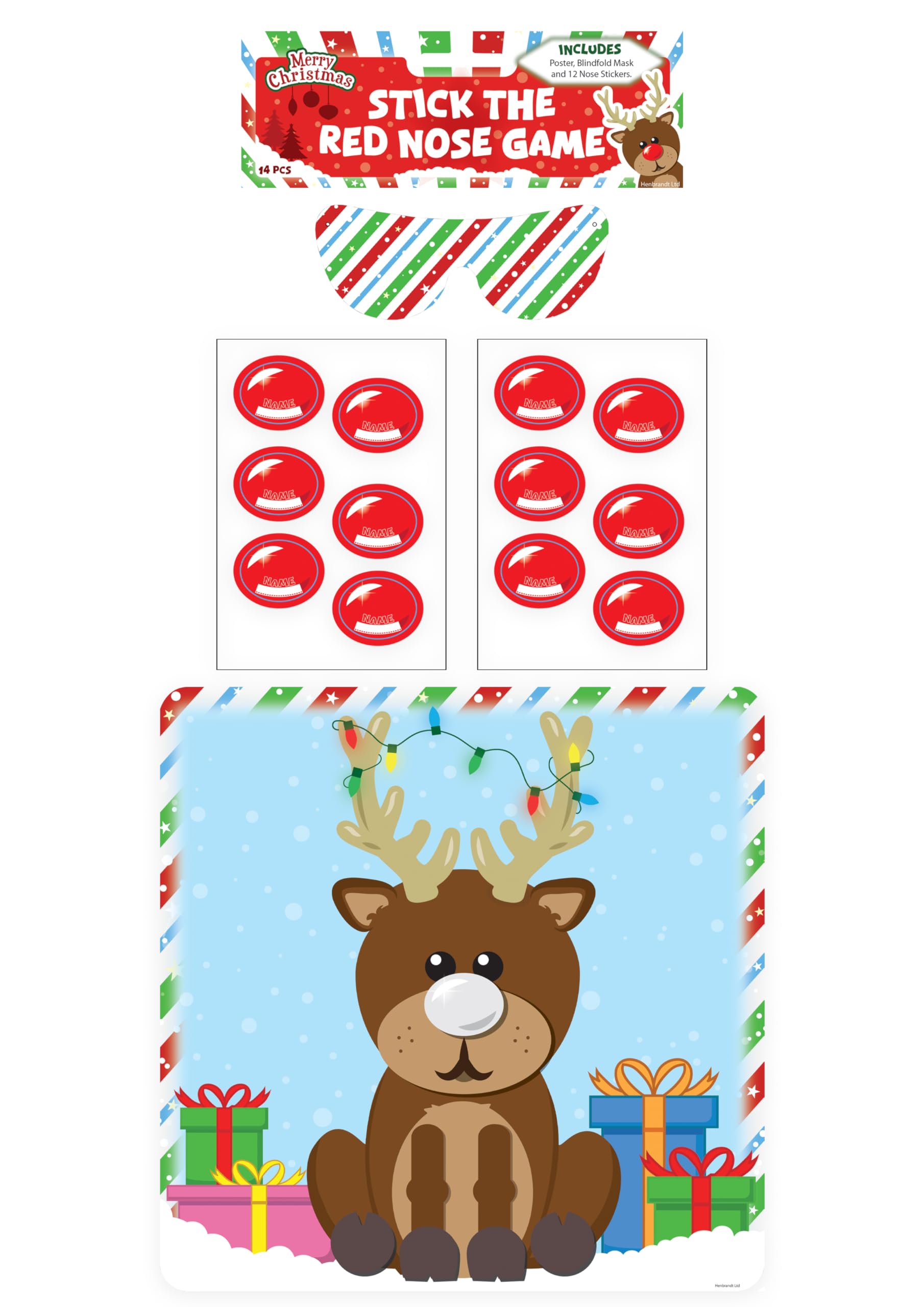 HENBRANDT 1 x Stick the Red Nose on the Reindeer 14pcs Christmas Party Game Rudolph Xmas Family Festive Games Christmas Stocking Filler Party Fillers Activity Game for Boys and Girls