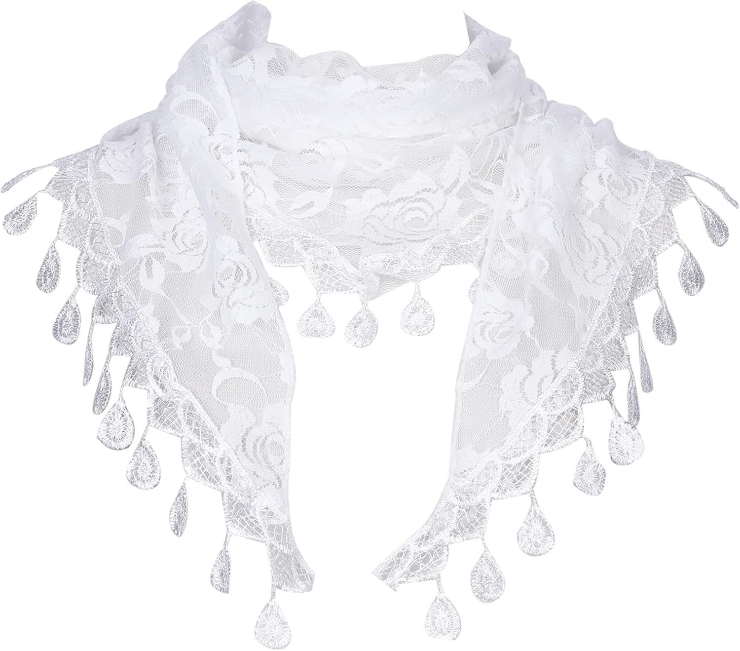 Elerevyo Lace Rose Floral Mantillas Scarf, Tassel Mesh Triangle Shawl, Chapel Headcover Mass Bridal Veil