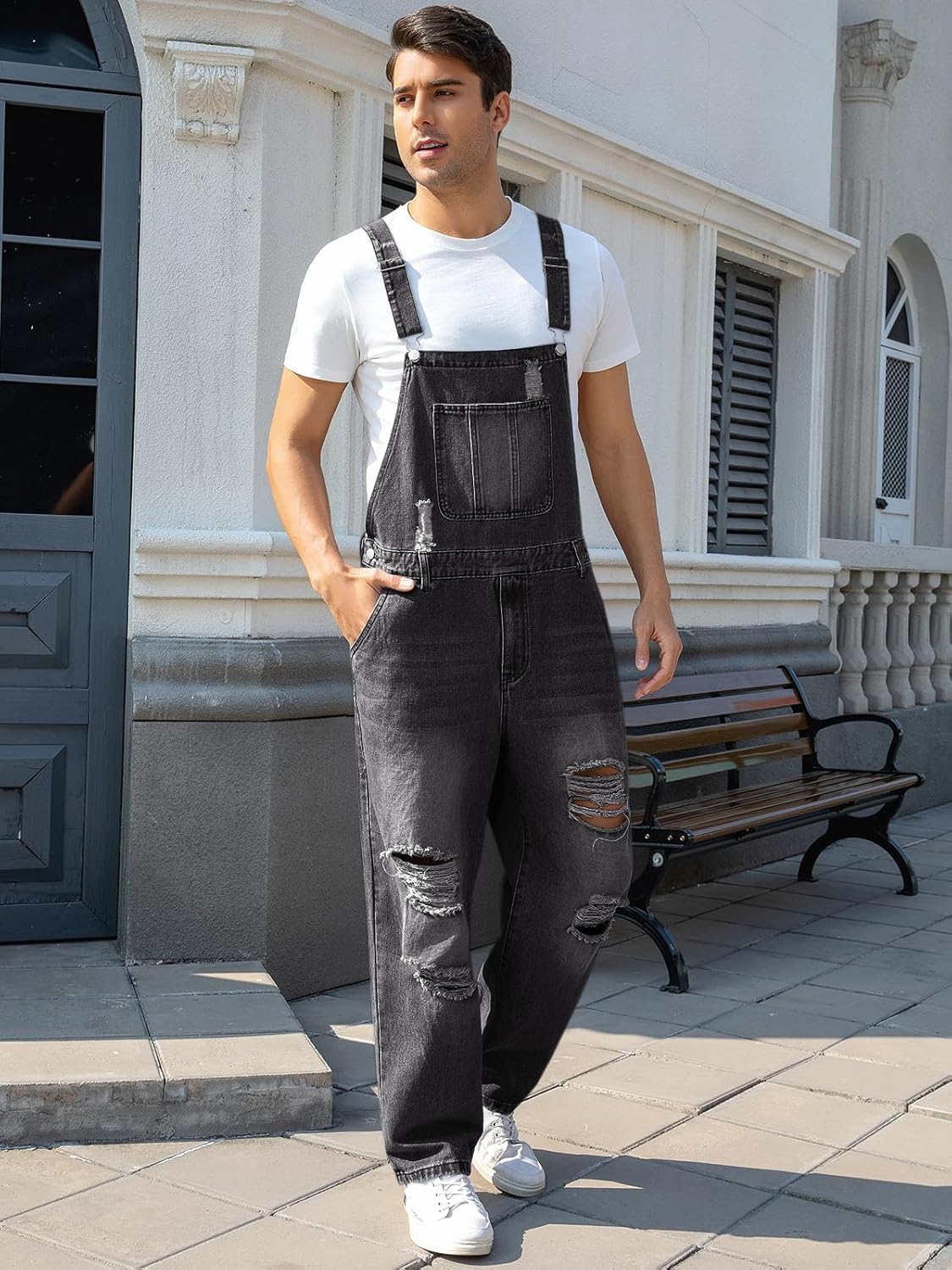 Runcati Men's Denim Bib Overall Ripped Distressed Jean Fashion Casual Adjustable Strap Loose Fit Hippie Jumpsuit - Image 3