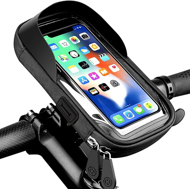 Waterproof Bike Phone Mount Holder Pouch Bag,Universal Bicycle Rear Handlebar Pouch with Water Resistant Frame Transparent Touchable 360 Degrees Rotatable for Under 6.4 Inchs Smartphone (Black)