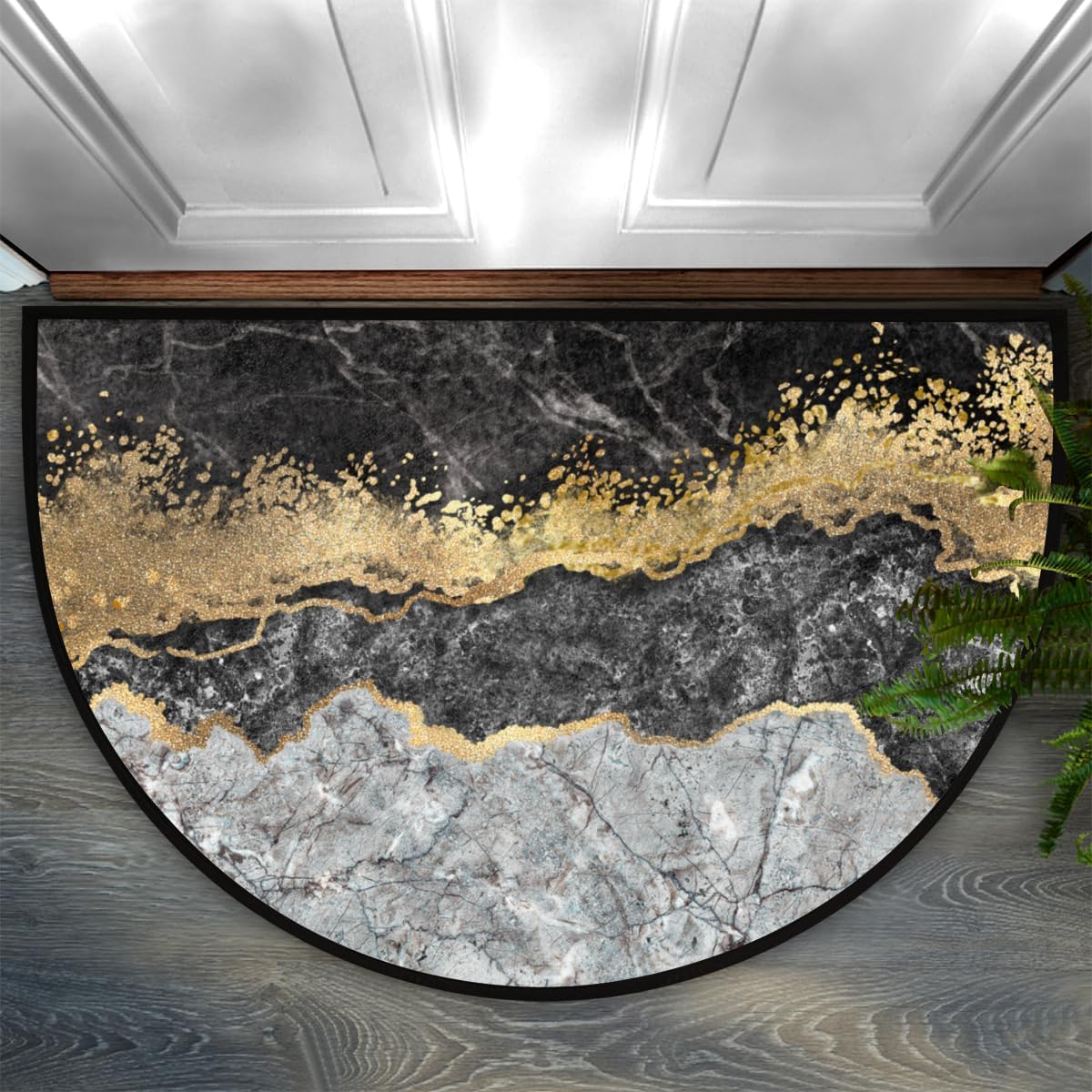 Marble Black Gold White Half Round Door Mat Indoor Entrance Half Moon Rug Area Rug Low Pile Non Slip Absorbent Semi Circle Welcome Mats for Kitchen Patio Home Decoration 36x24 Inch