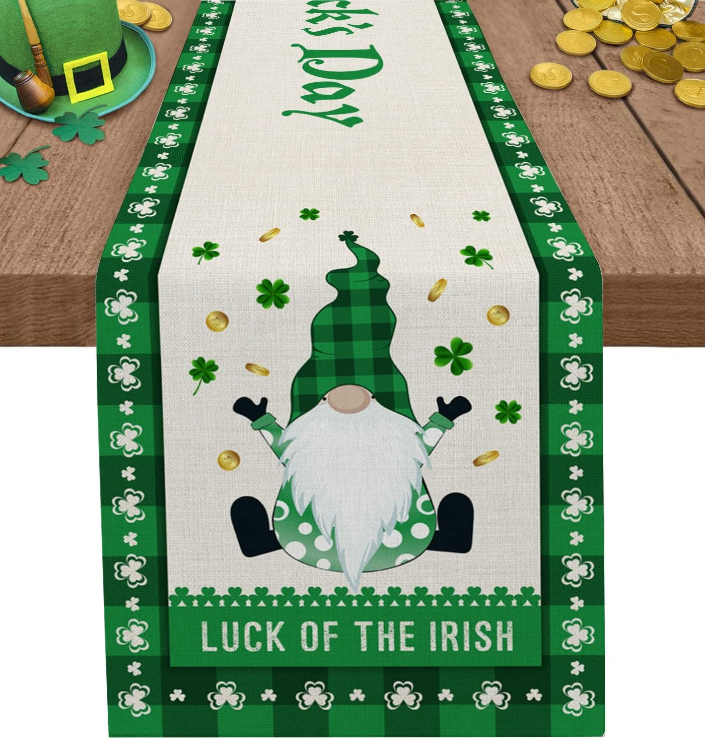 St. Patrick's Day Gnome Table Runners 90 inches Long, Luck of The Irish Shamrocks Table Runner Farmhouse Clovers Dresser Scarves,Decortaive Table Runner Cover for Dining Coffee Table Holiday Party