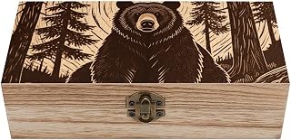 Vintage Wooden Storage Box with Hinged Lid, Woodcut Bear | Natural Wood Keepsake Memory Box, Small Wood Organizer for Jewelry, Rings, Trinkets, Crafts, DIY Engraving, Home Decor Gifts
