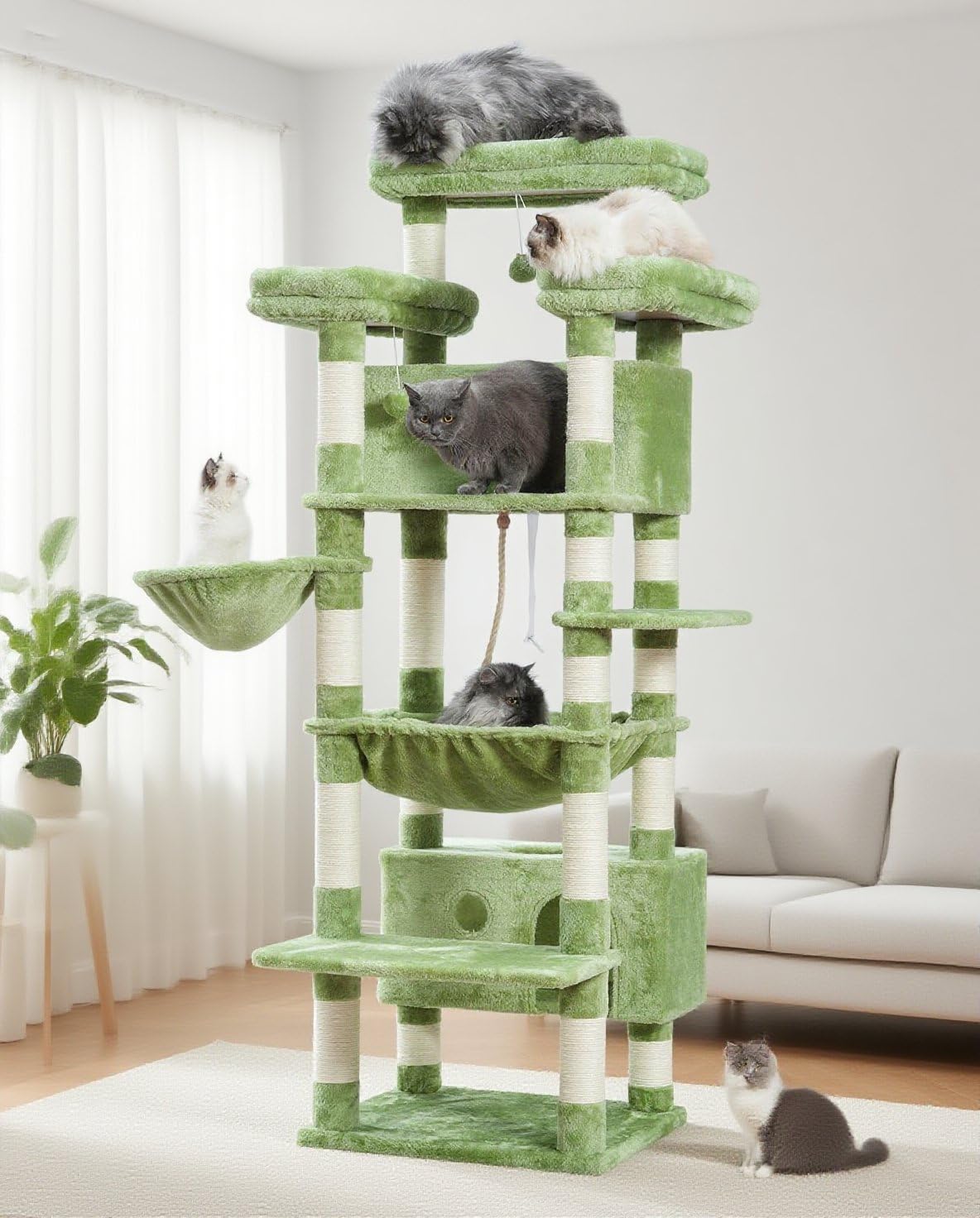 Gitelsnour Cat Tree for Indoor Cats Large Adult, 74" Cat Tower with 3 Big Platforms, 2 Baskets, 2 Condos, Multi-Level Cat Scratching Posts, Green