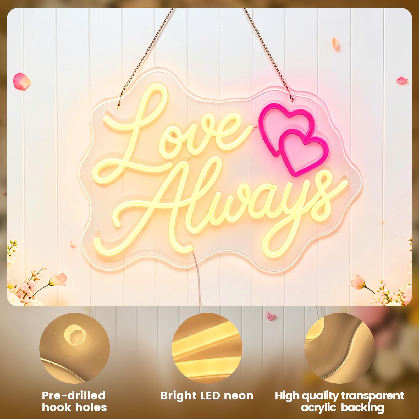 Love Always - Insegna al neon per decorazione da parete, LED dimmerabile Love Always Lights Up, alimentata tramite USB, per proposta di matrimonio, fidanzamento, regali per San Valentino