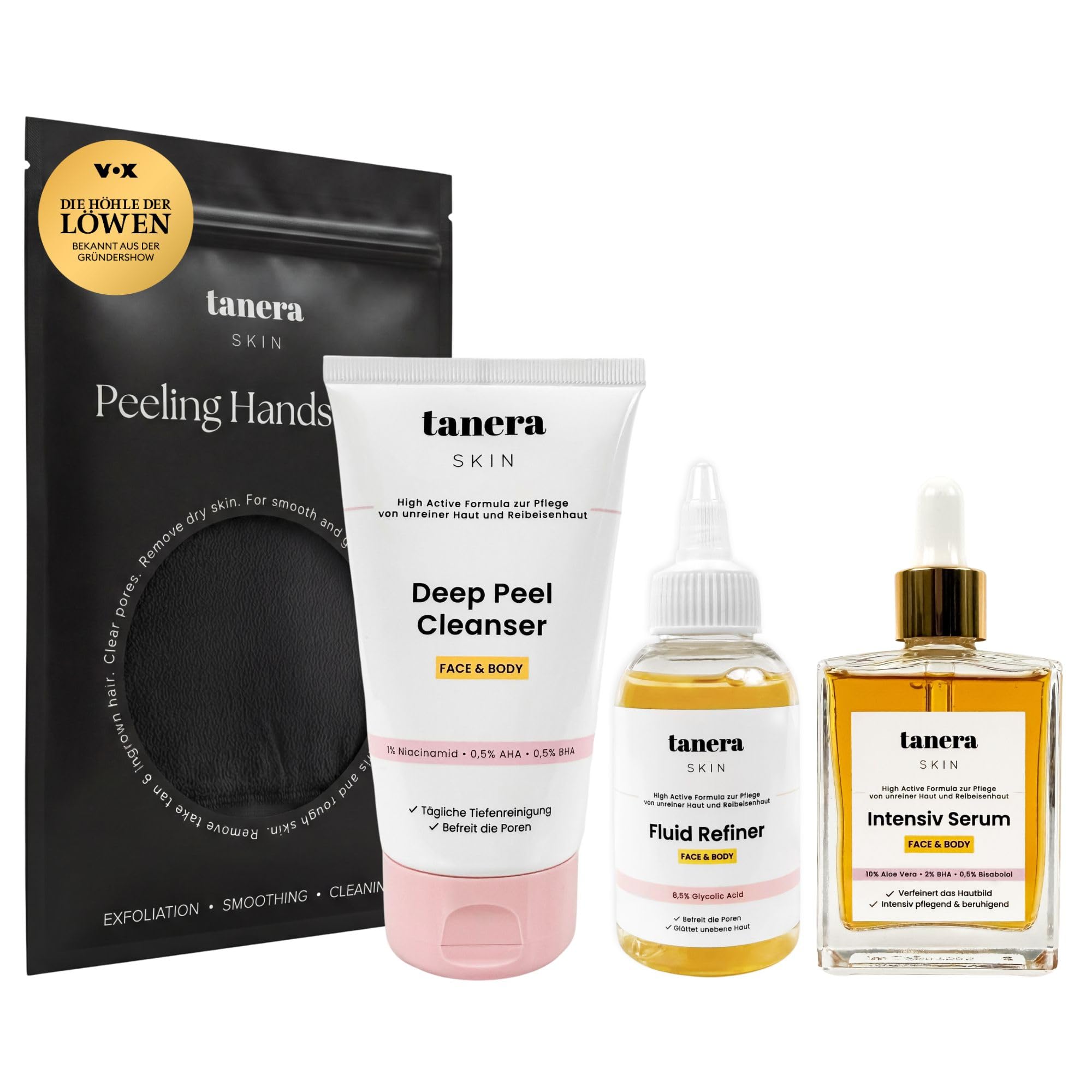 Tanera Skin Peeling Handschuh Set - Skincare für Keratosis Pilaris, raue Haut, Glycolic Acid Serum (Schwarz)