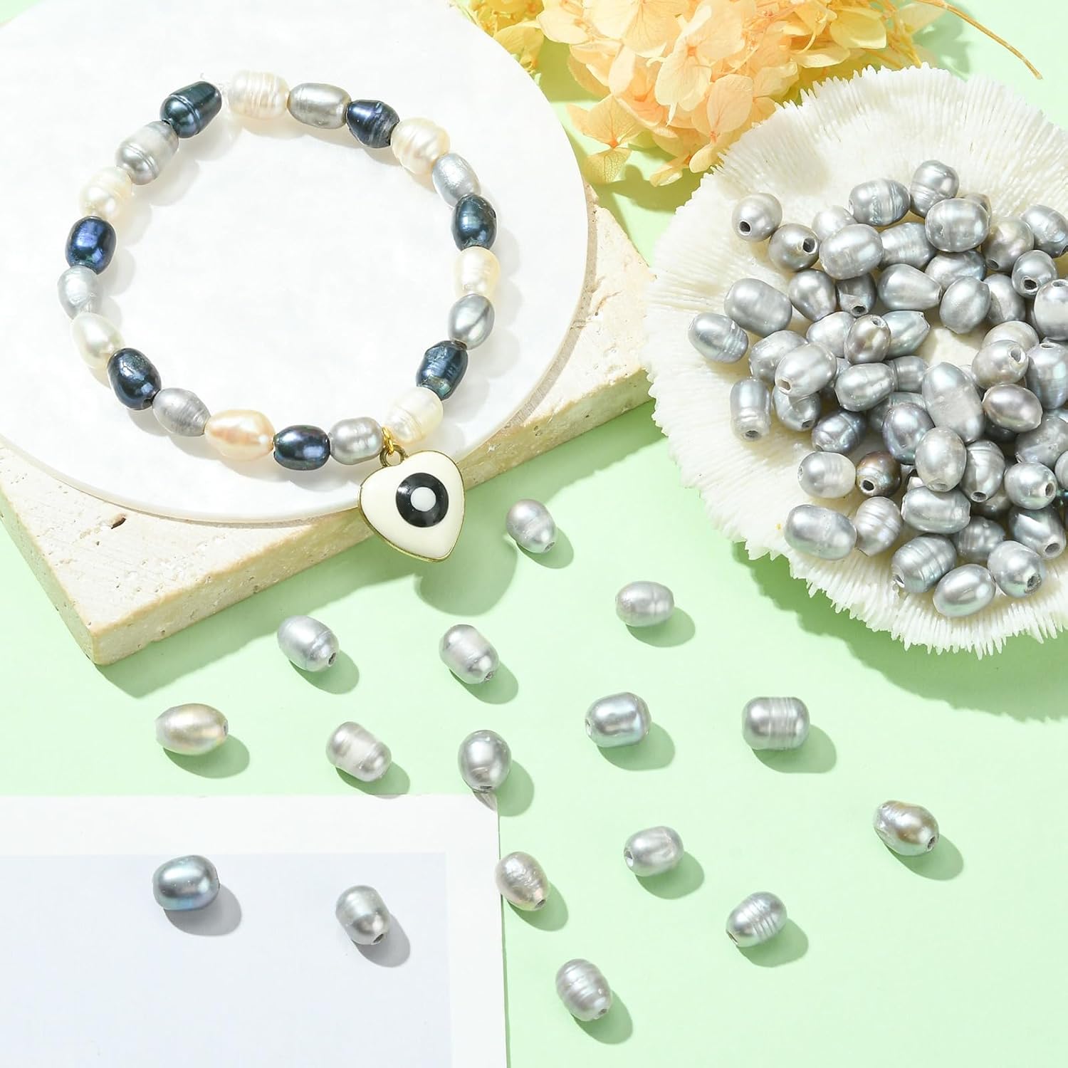 Ipotkitt 100 Pcs Gray 7-10mm Natural Cultured Freshwater Pearl Beads 1.8mm Large Hole Pearl Beads Oval Shaped Rice Loose Beads for Jewelry Making