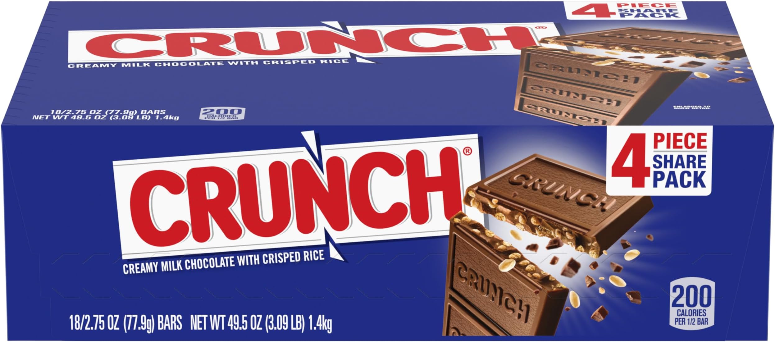 CRUNCH Candy Bar, Creamy Milk Chocolate with Crunchy Crisped Rice, Share Pack, 18 Count, 2.7 oz Each