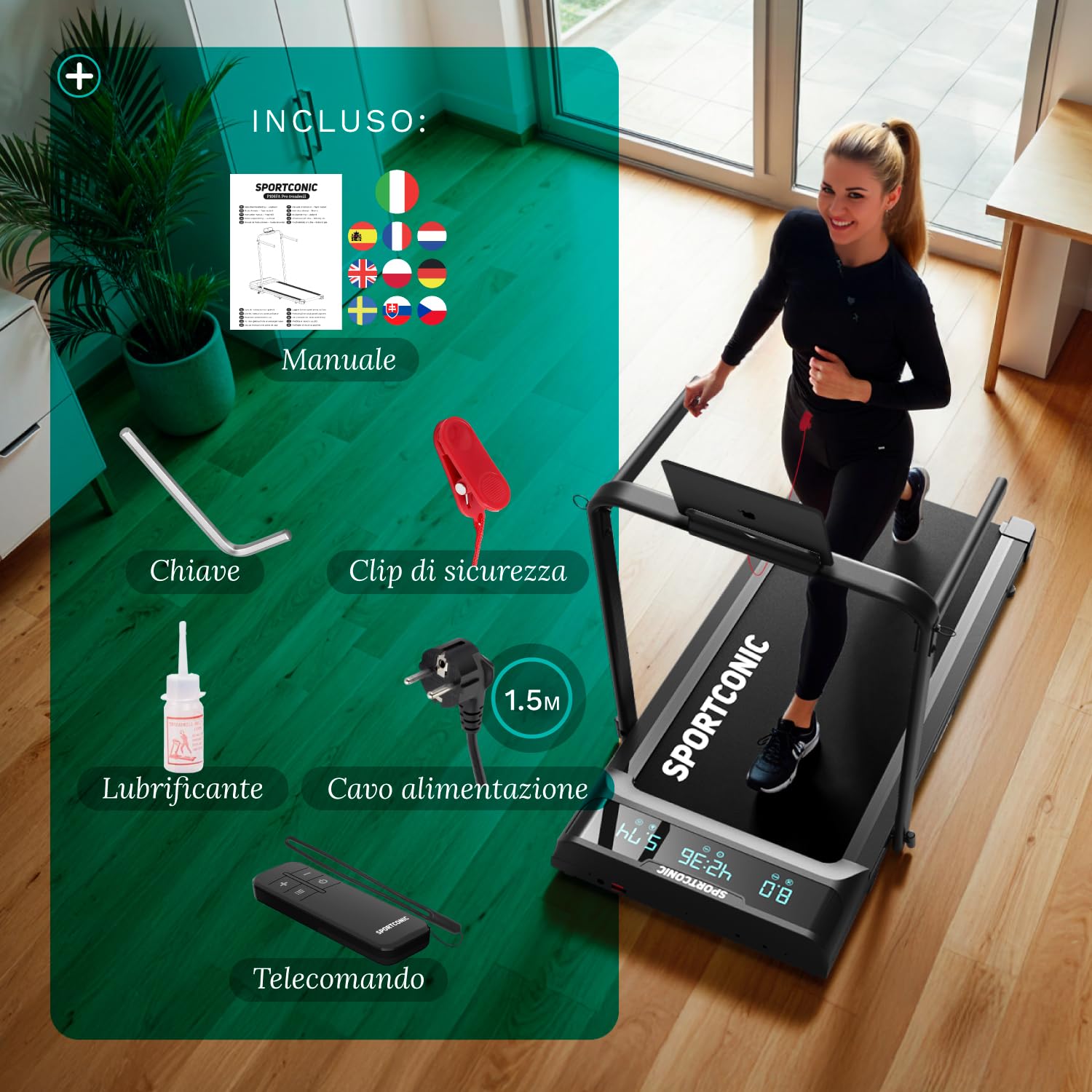Sportconic Tapis Roulant Elettrico Pieghevole con Inclinazione, Walking Pad Silenzioso Salvaspazio, Tapirulan da Casa per Allenamento Ufficio