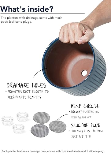 Miniatura 6 de LE TAUCI Juego de 3 macetas de cerámica estriada de 8.3/7/5.7 pulgadas de cilindro reactivo azul océano con tapón de drenaje y malla, macetas