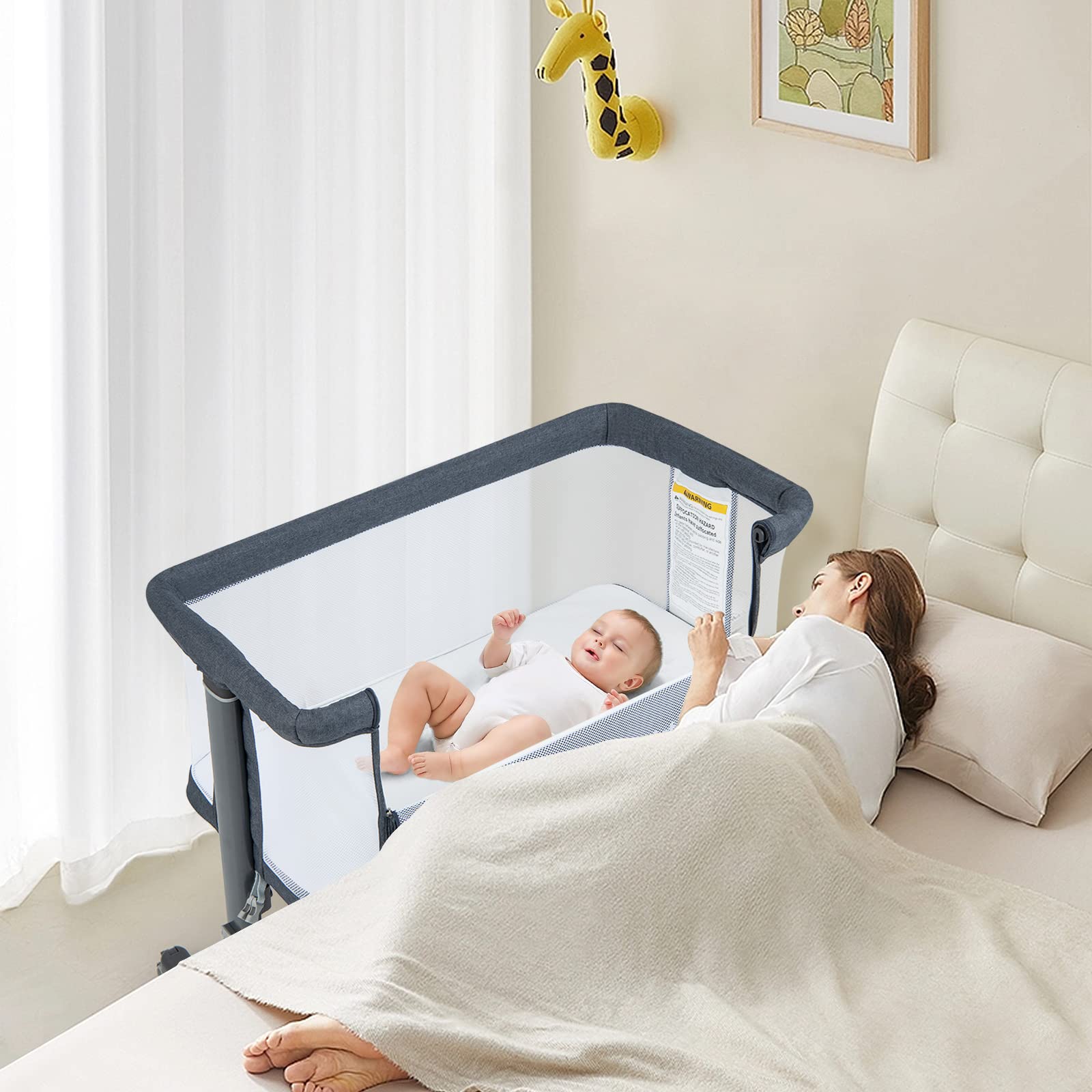 LIFEZEAL 3 in 1 Beistellbett, 5-stufig höhenverstellbares Babybett, Babywiege Stubenwagen mit Matratze, Mobiler Reisebett auf Rollen mit Tragetasch, Kinderbett für Baby ab Geburt bis 9 kg (Dunkelgrau)