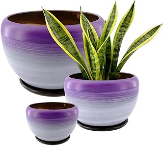 Set of 3 Purple Ceramic Flower Pots - 7/5/4 Inch Round Planters with Dra...