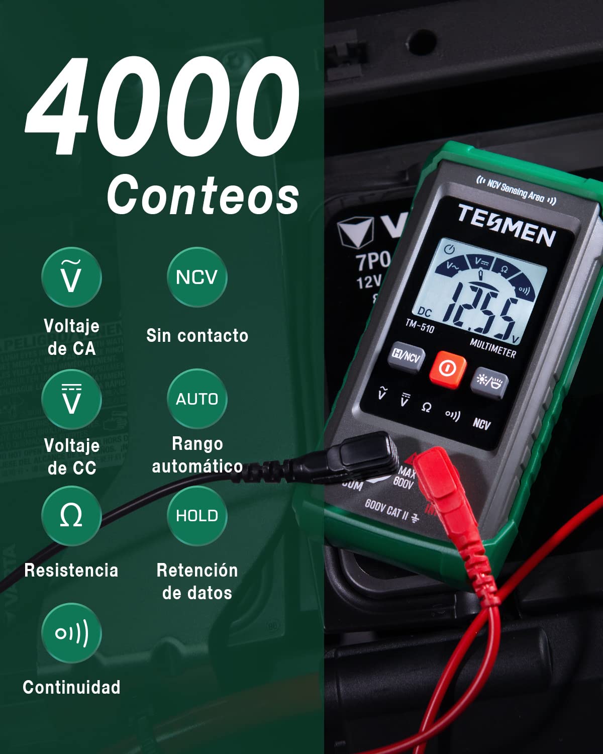 TESMEN TM-510 Multimetro Digital Profesional, Polimetro 4000 Conteos, Tester Electricista sin Contacto, Voltimetro Inteligente, Rango Automatico, Voltaje de CA/CC, Resistencia, Continuidad – Verde