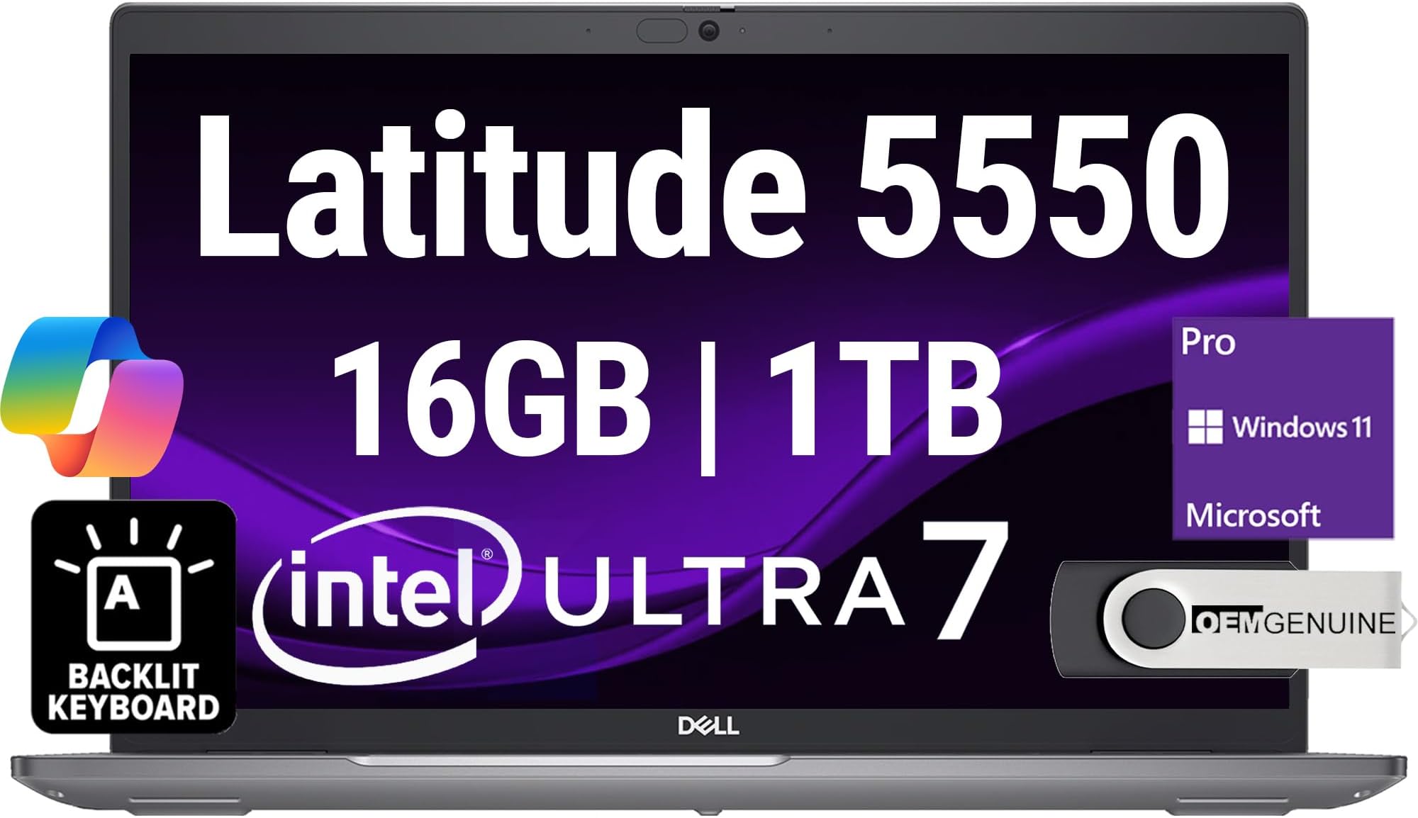 Dell Latitude 5550 Business Notebook 15.6" FHD Intel Ultra 7-155U (Beats i7-1355U), 16GB DDR5 RAM, 1TB NVMe, Wi-Fi 6E, BT, Backlit Keyboard, HD Webcam, RJ-45, Win 11 Pro