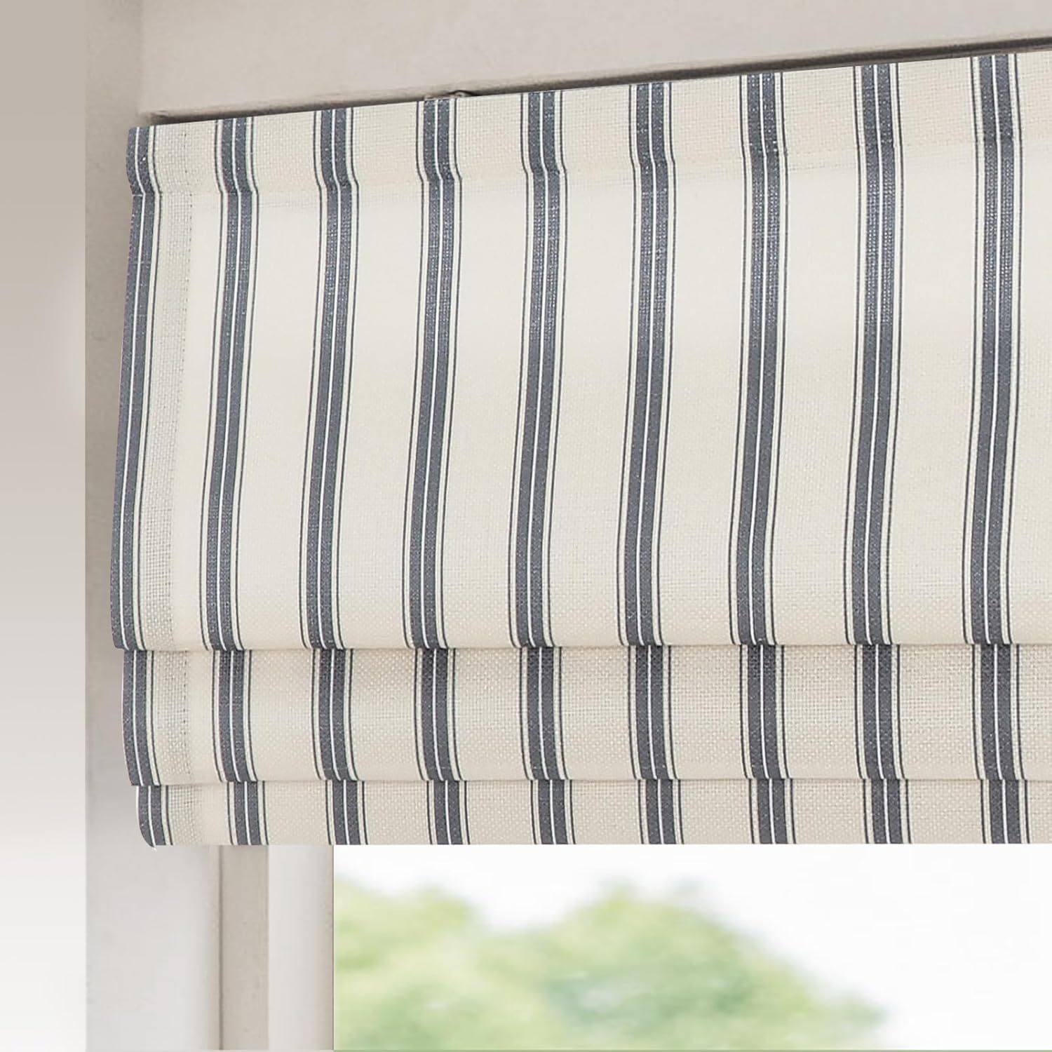 Sunbox Cordless Roman Shades Window Blinds, Vertical Stripe Custom Blackout Fabric Roman Shades for Windows，French Door, Kitchen, Mystic Grey Stripe