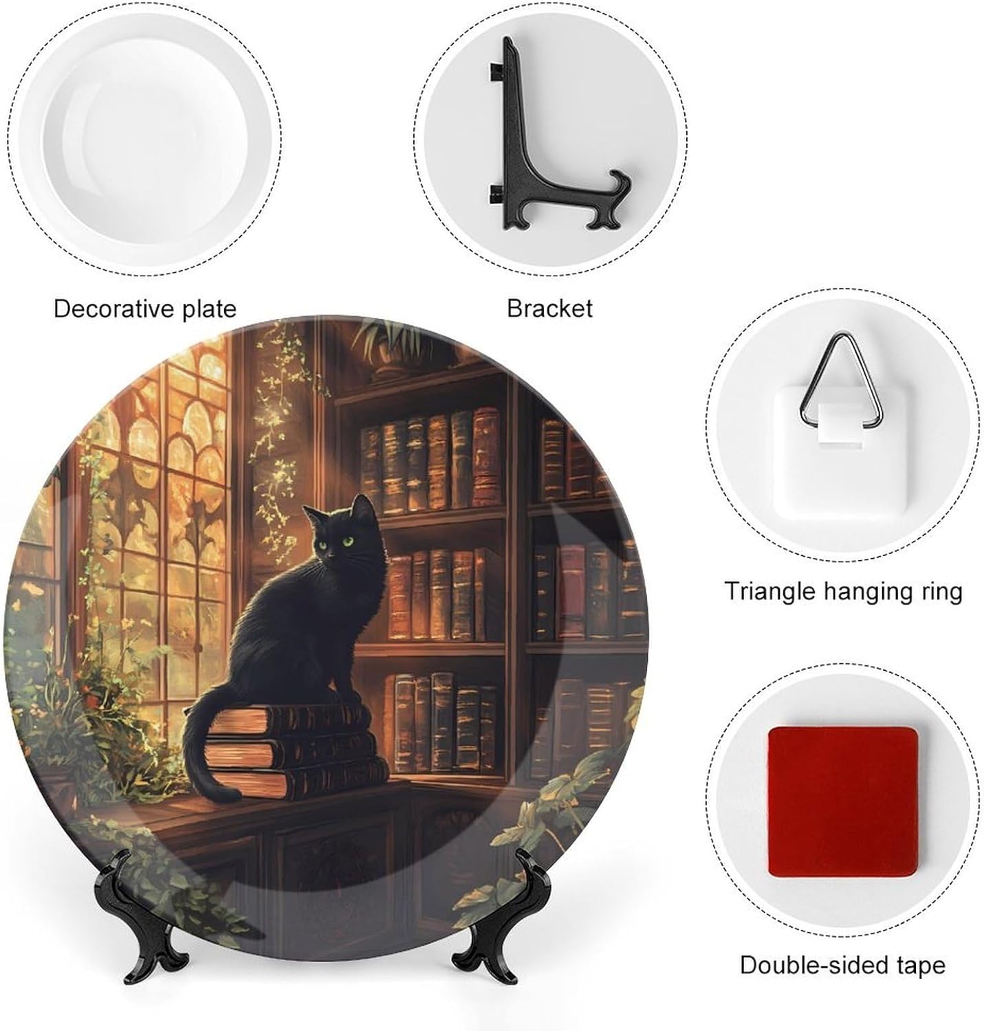 Black Cat Library Sunlight Window Decorative Plates for Display Ceramic Plate Tray with Stand Hanger Home Decor