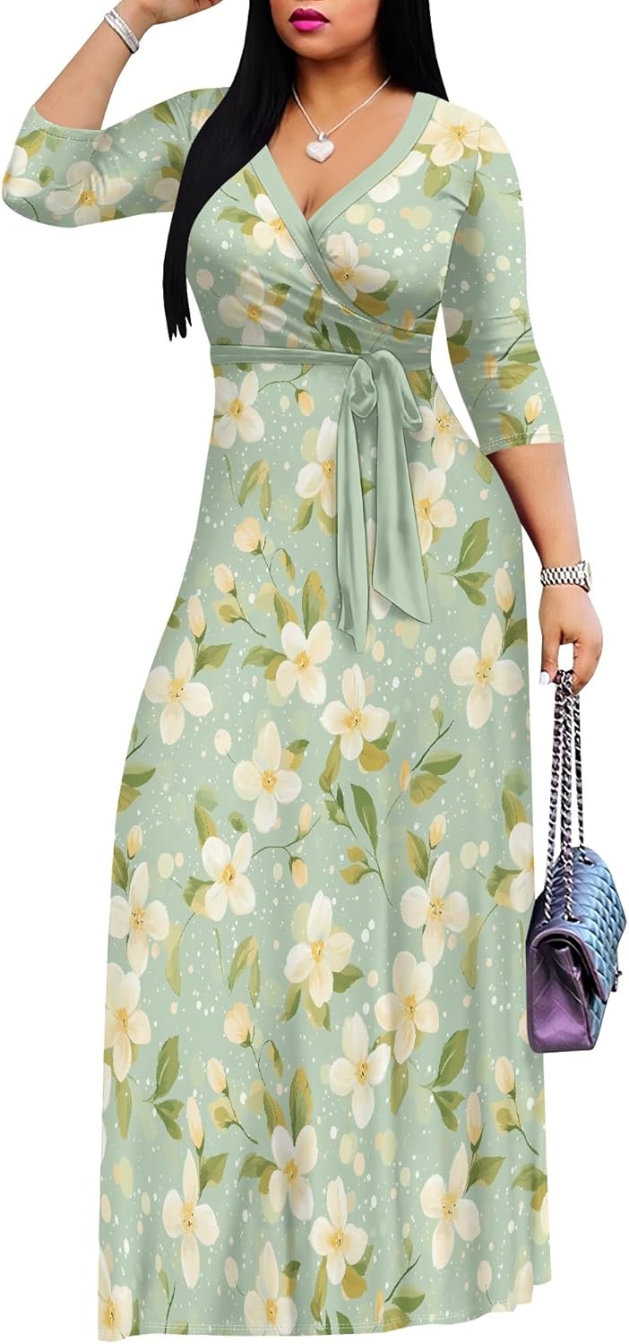 PinkPatty Plus Size Maxi Dresses for Women Casual Flowy Long Dress 3/4 Sleeve V Neck Wrap Dress with Belt - Image 2