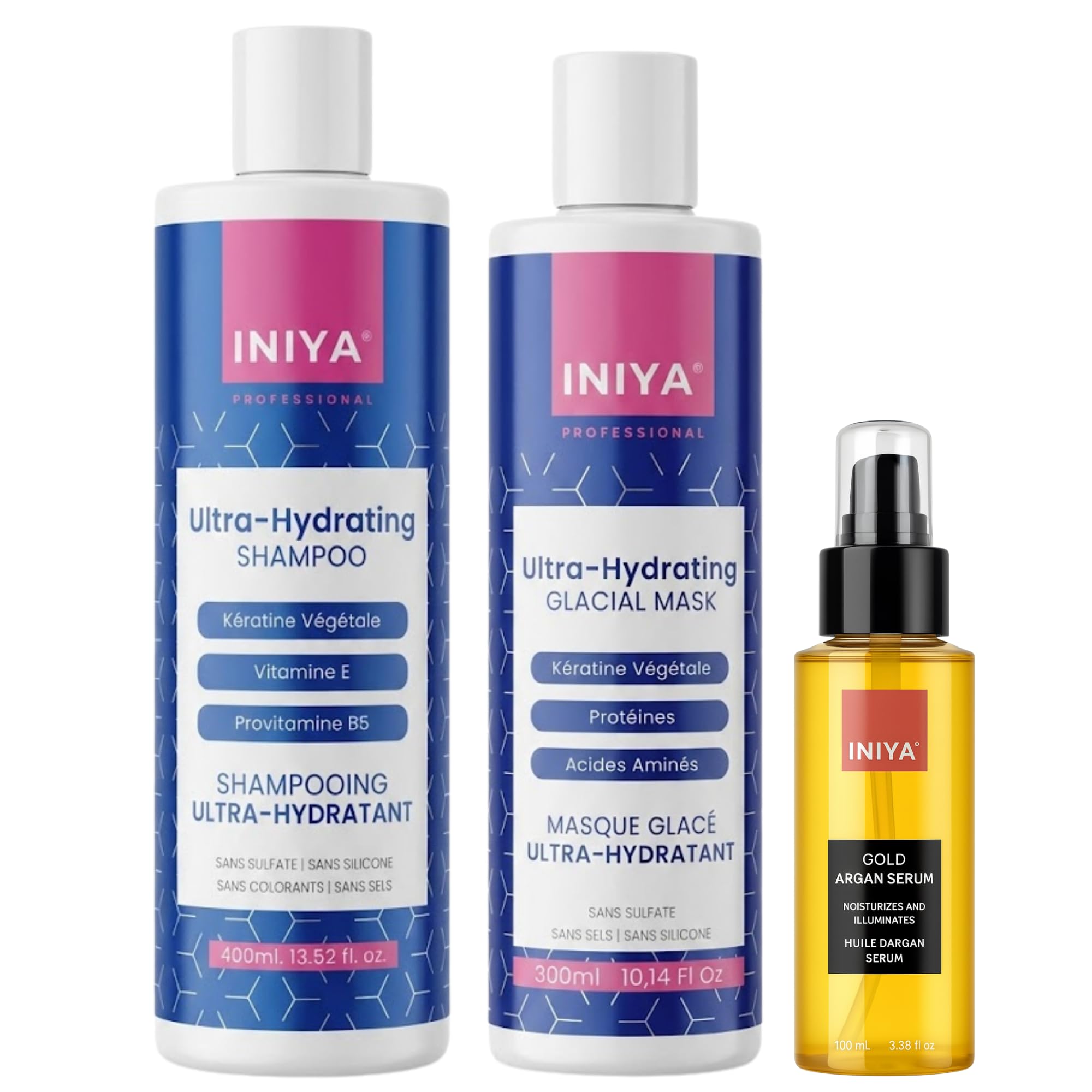 Szampon i maska nawilżająca i serum bez siarczanów i silikonu, zestaw nawilżający Iniya Trio, brazylijski szampon i maska wygładzająca, garbowana (3 produkty)