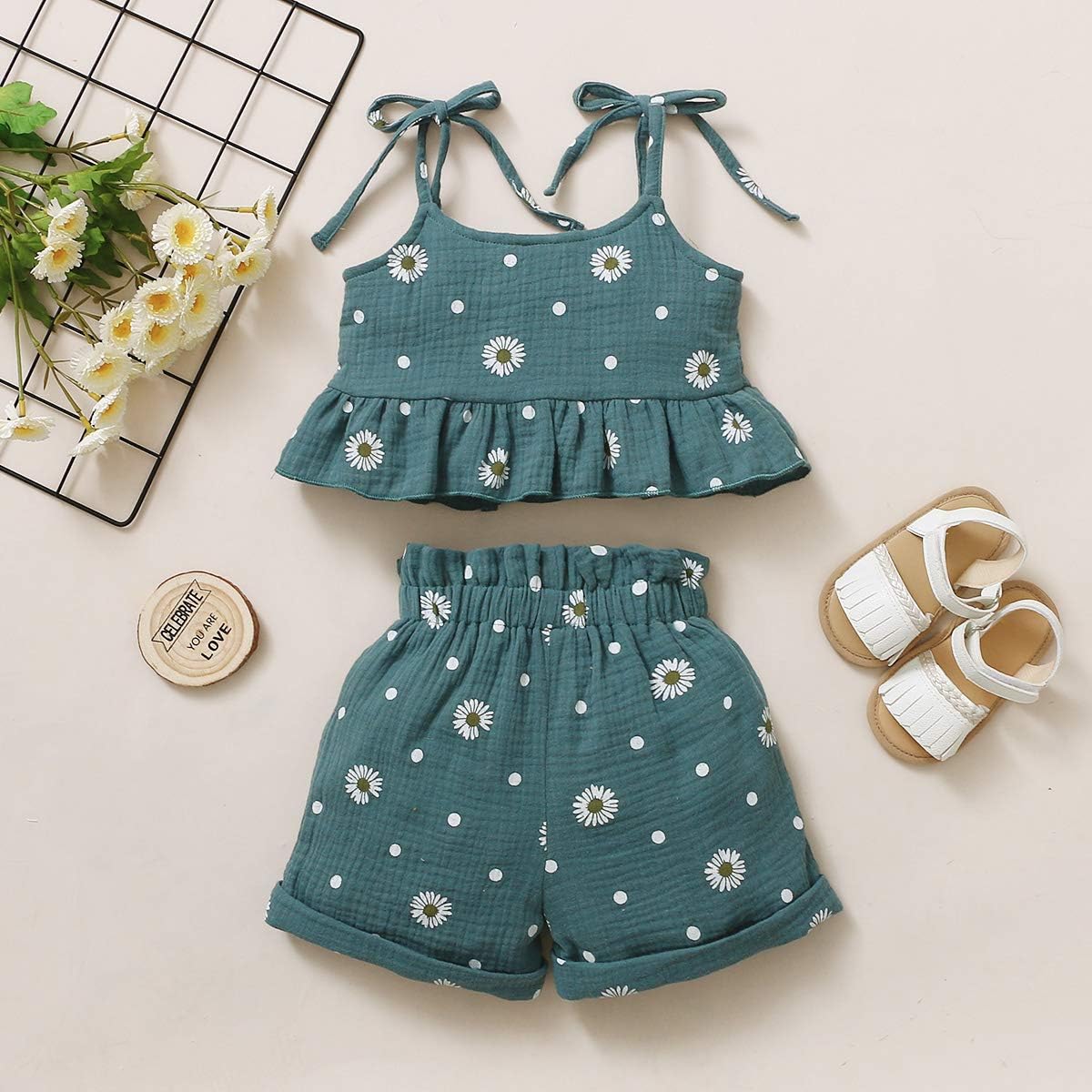 Toddler Baby Girl Summer Clothes Daisy Floral Print Halter Ruffle Tank Tops Shorts Outfits set