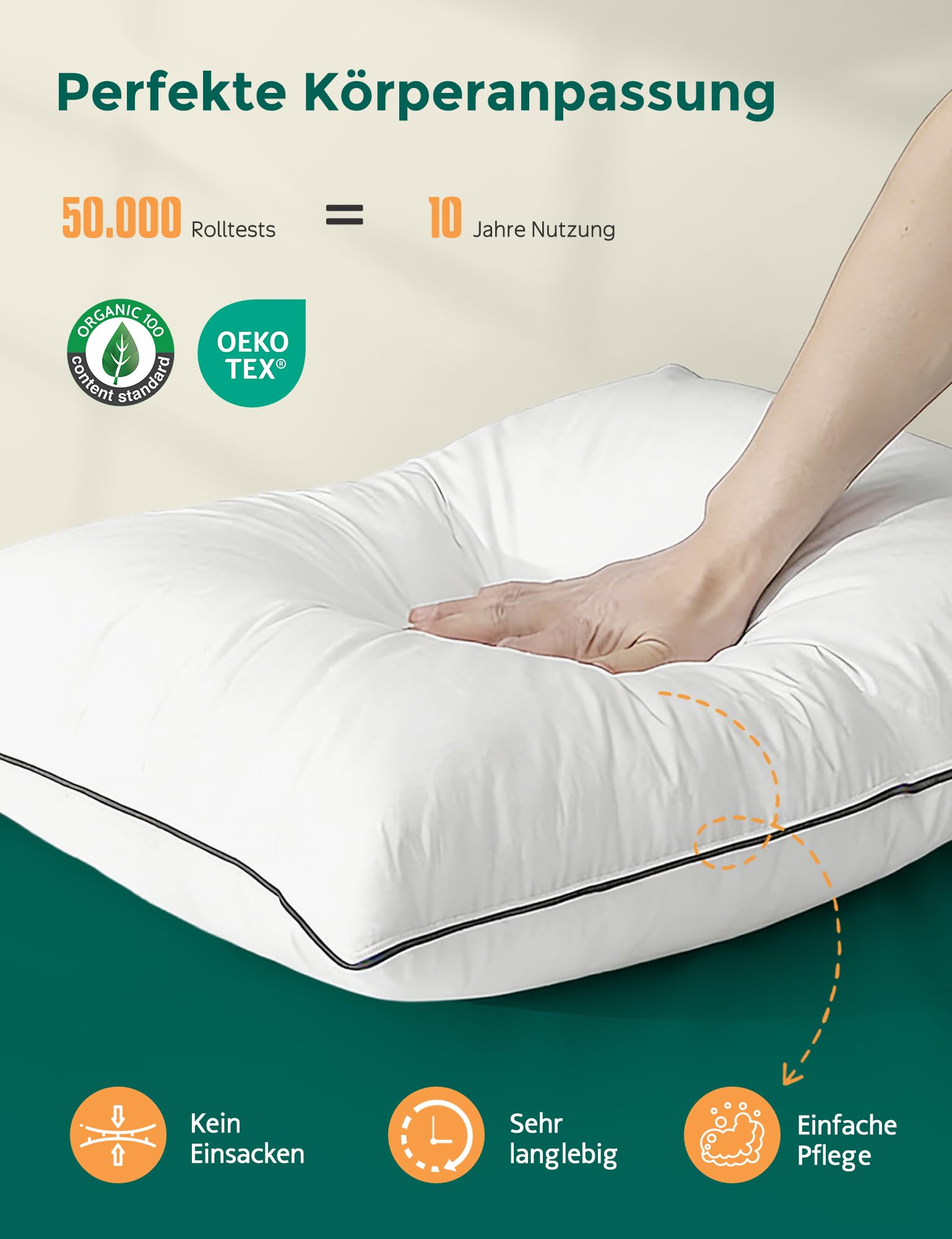 APSMILE Daunenkissen 40x80 Federkissen mit 3 Kammer Füllung - Luxus Daunenkissen zum Schlafen, Kopfkissen 40x80 Daunen Kissen 100% Bio-Baumwollbezug, weich & stützend (Weiß,2er Stück)