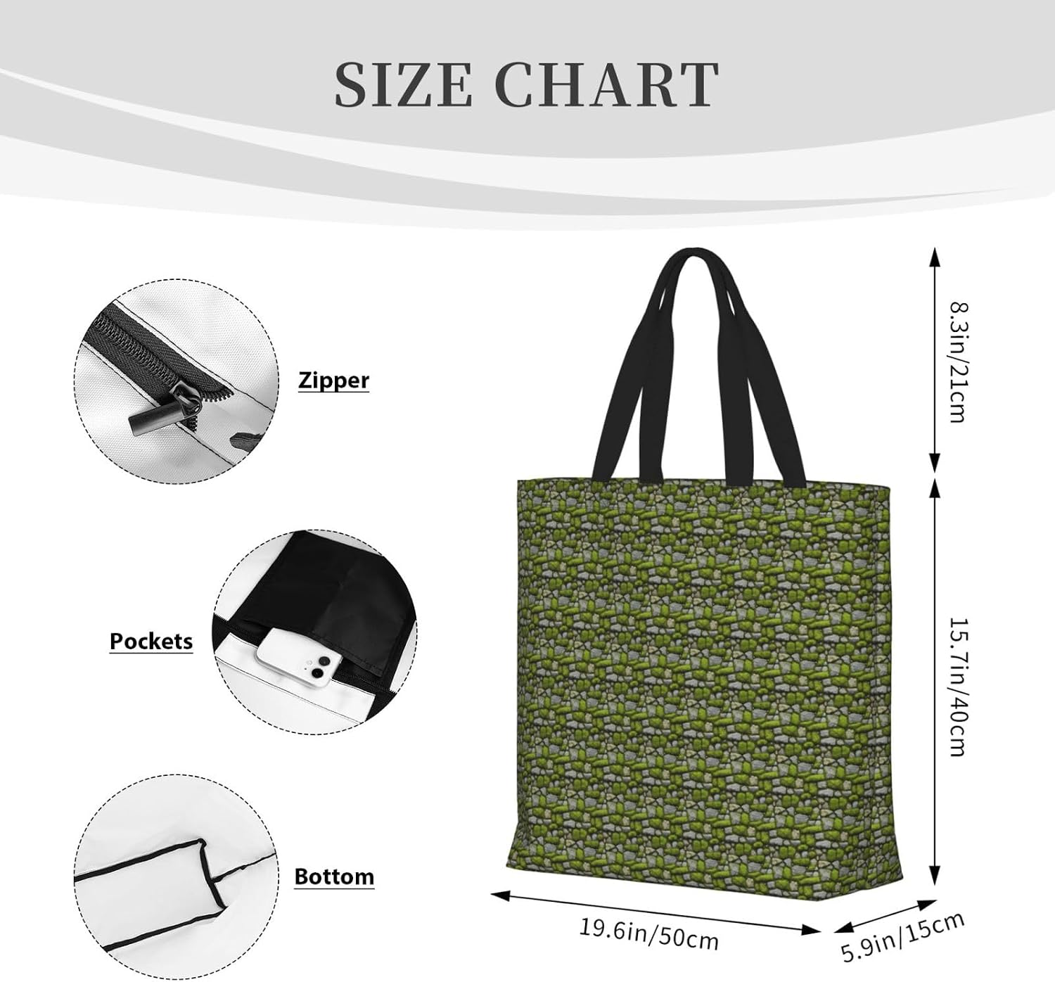 Moss Stone Pavement Print Eco-Friendly Tote Lightweight Grocery Bag Daily Commuting Travel Beach Gym Use