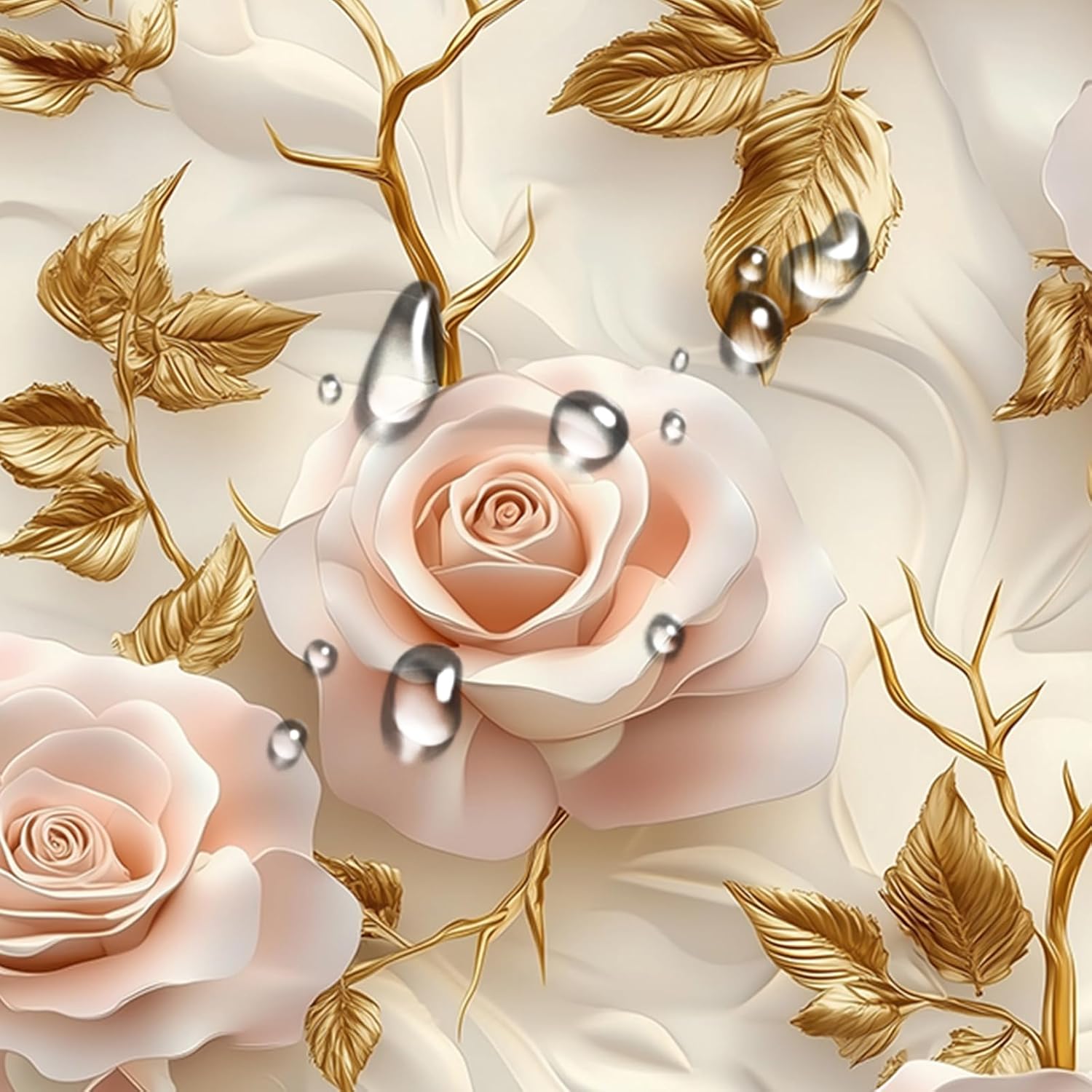 Vintage Floral Peel and Stick Wallpaper, Pink Roses, Gold Leaves, Vintage Wallpaper Vinyl Contact Paper for Decorative Bedroom Bathroom Home Wall (17.3"x236"),D18