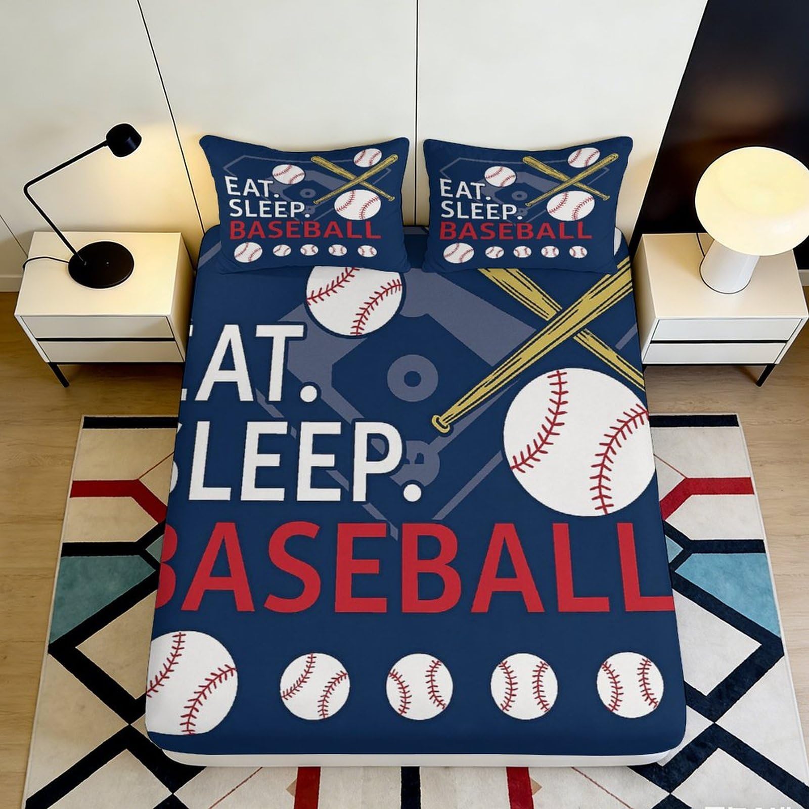 3D Printed Baseball Sports Fitted Sheet Microfiber Navy Blue Bat Glove Bed Sheet for Bedroom Dorm Mattress Decor 90x200x25cm