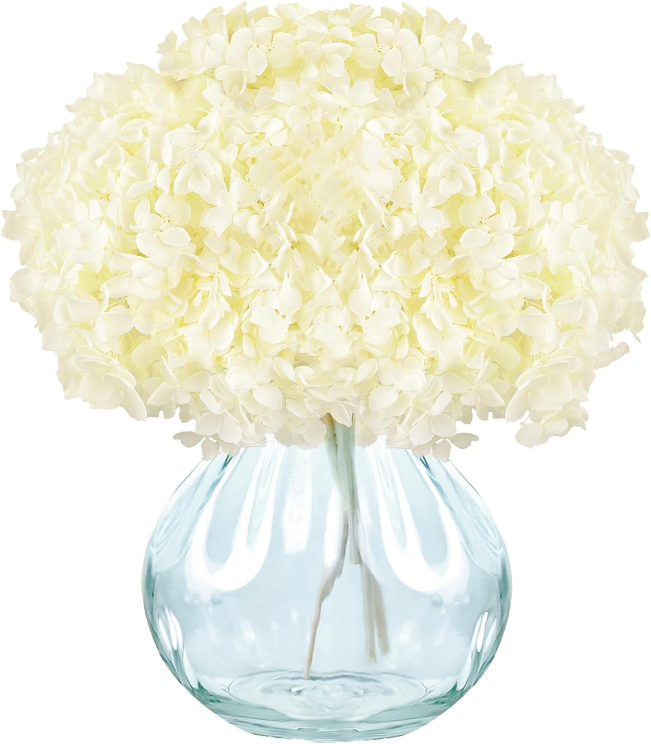 Creamy Ivory Hydrangea Dried Flowers in Glass Vase – Artificial Flowers in Vase for Home Decor, Hydrangeas Centerpiece for Dining Table, Coffee Table, Bathroom, Shelf & Bedroom –Floral Arrangements