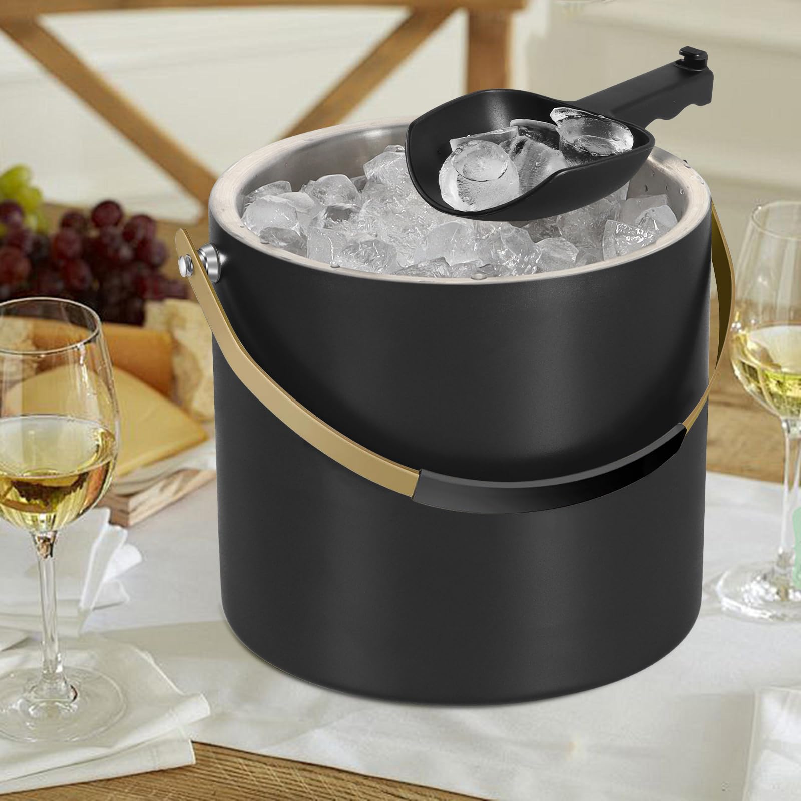 3.2L Eiswürfelbehälter mit Deckel und Schaufel, Edelstahl Eiskübel Doppelwandiger Isolierter Eisbehälter für Cocktailbar und Partys (Schwarz)