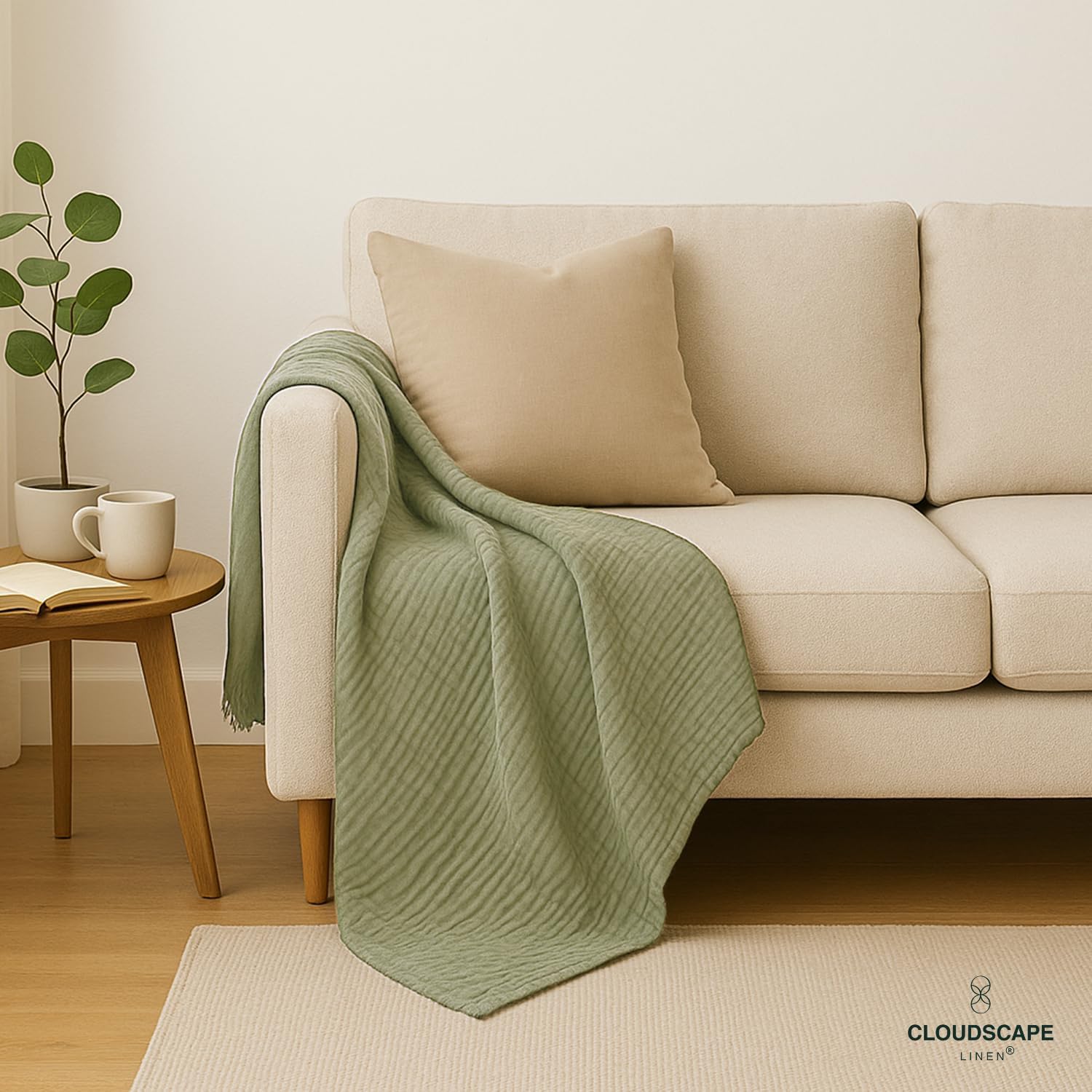 CLOUDSCAPE 8 Layer Muslin Throw Blanket - 100% Cotton, Soft 50"x70" Size for Couch, Sofa, Bed Throw - All Season, Summer Gifting Lightweight Breathable Gauze Layering Blanket for Adults- Olive Green