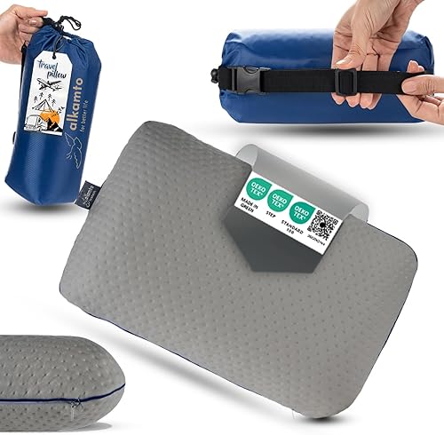 Vista 26 de alkamto Cómoda almohada de espuma viscoelástica para viajes y campamentos, bolsa portátil fácil de llevar, funda de almohada con regulación de Blanco