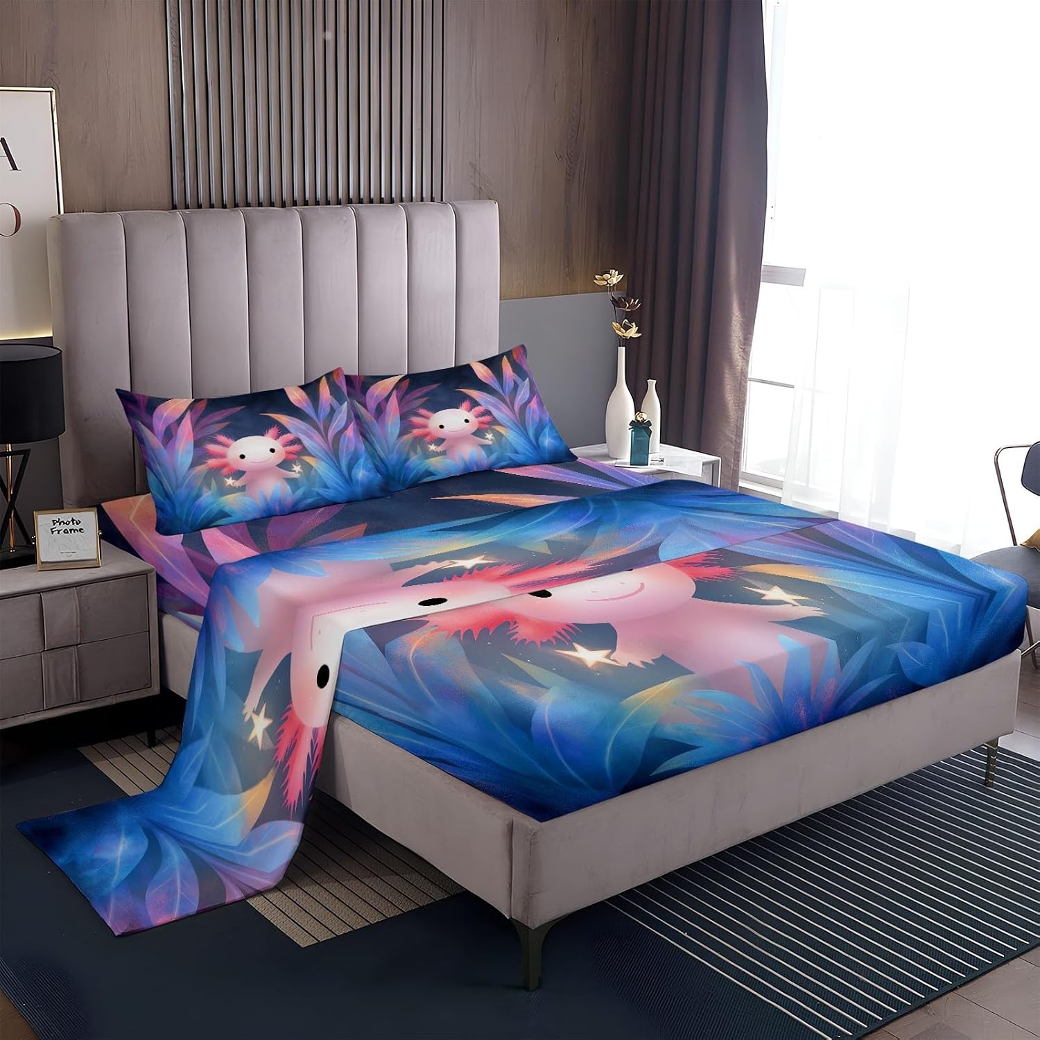 Bed Sheets Set 4 Piece King Cartoon Salamander Fitted Sheet, Soft Wrinkle & Fade Resistant Bedding - Pink Deep Pocket 16" Microfiber Elastic Sheet for Girls and Boys Kids