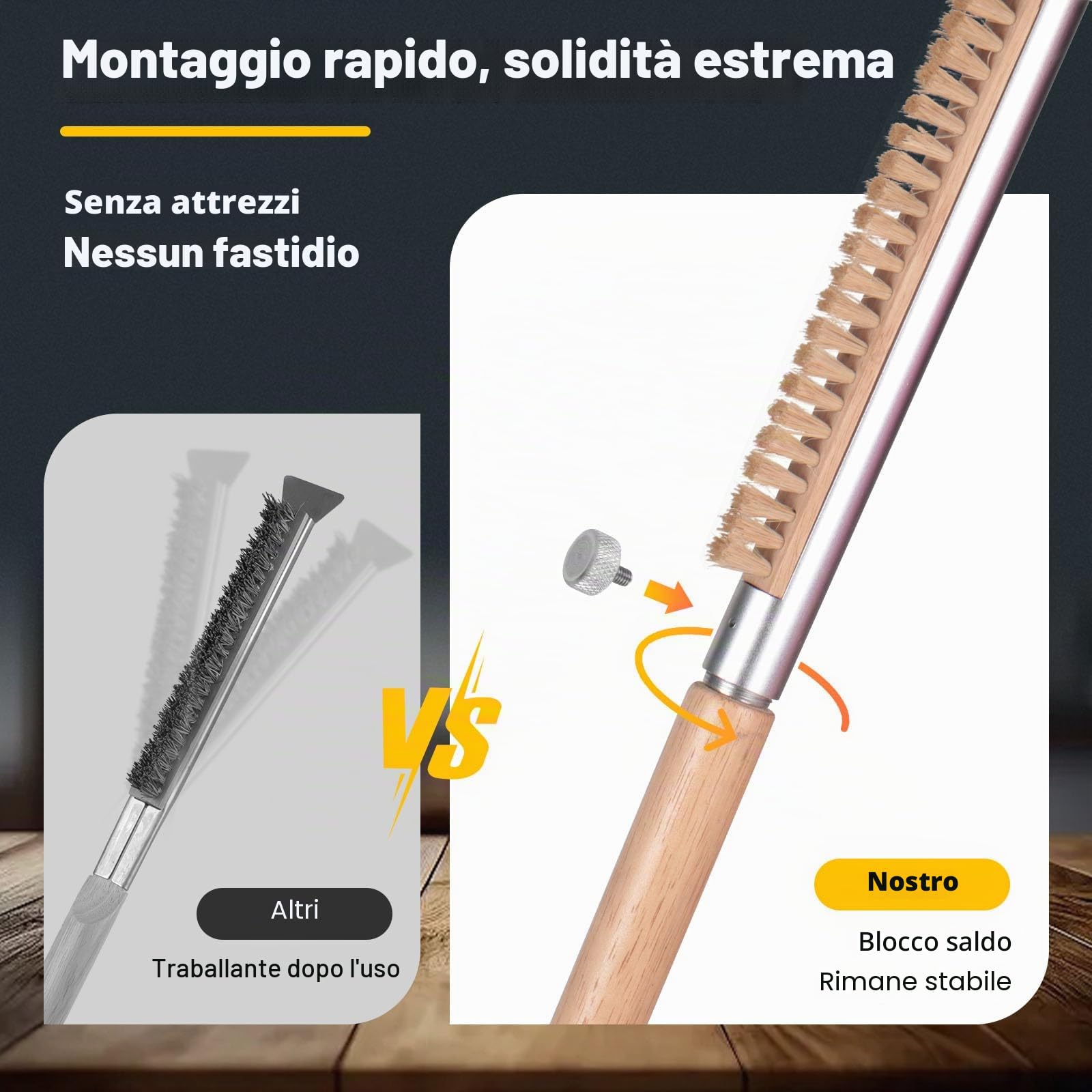 Spazzola da forno per pizza con raschietto, 52 cm, setole naturali per la pulizia delle pietre per pizza, manico in legno