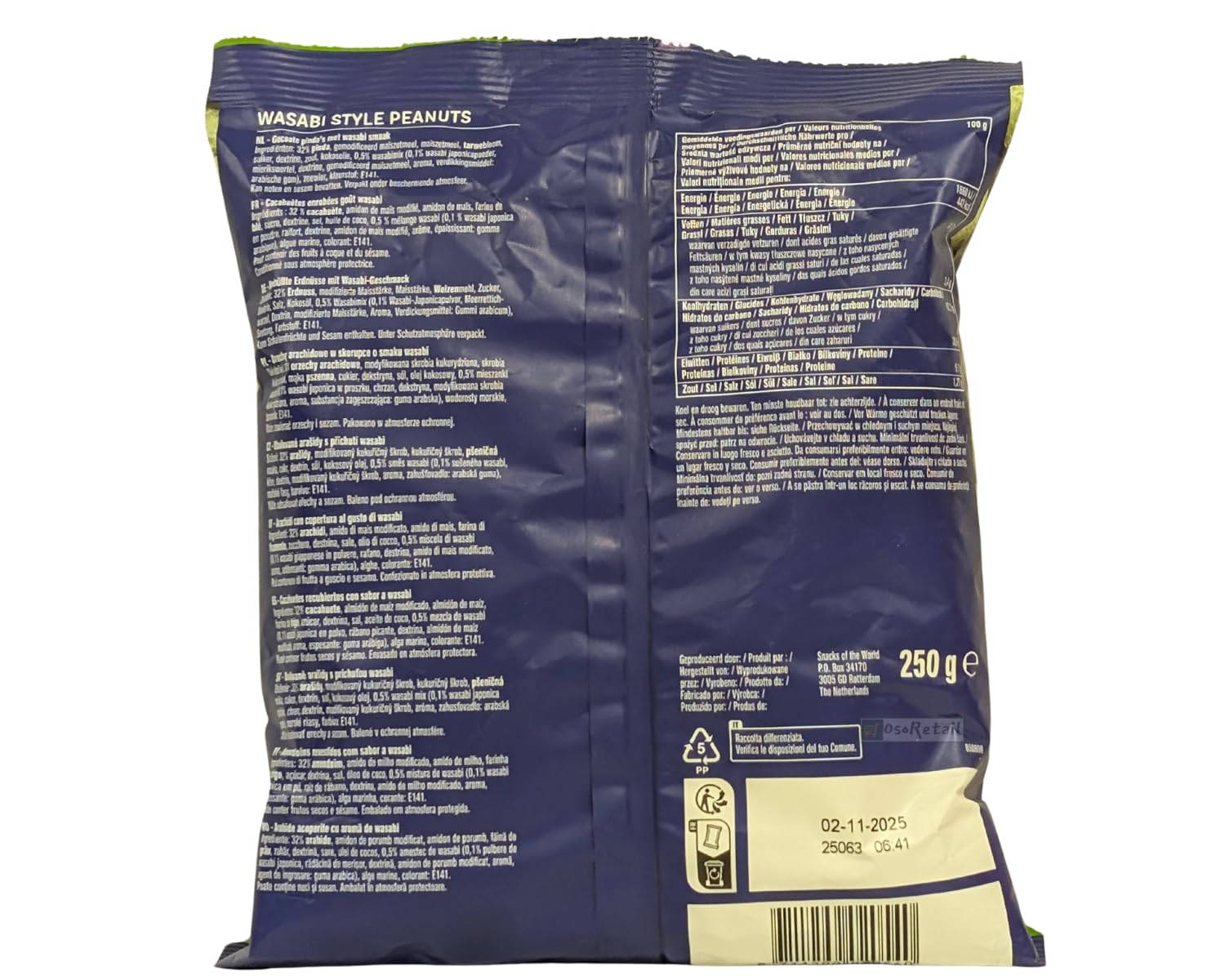 Pack 2×250 g Wasabi Style Peanuts “Snacks of the World” – Cacahuetes crujientes recubiertos de wasabi picante | Snack oriental premium, bolsa grande resellable