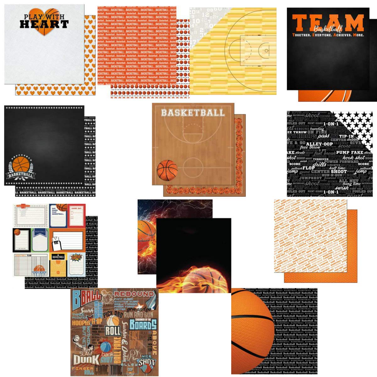 Custom Bundle - 13 Basketball Themed 12" x 12" Scrapbook Papers - Various Brands