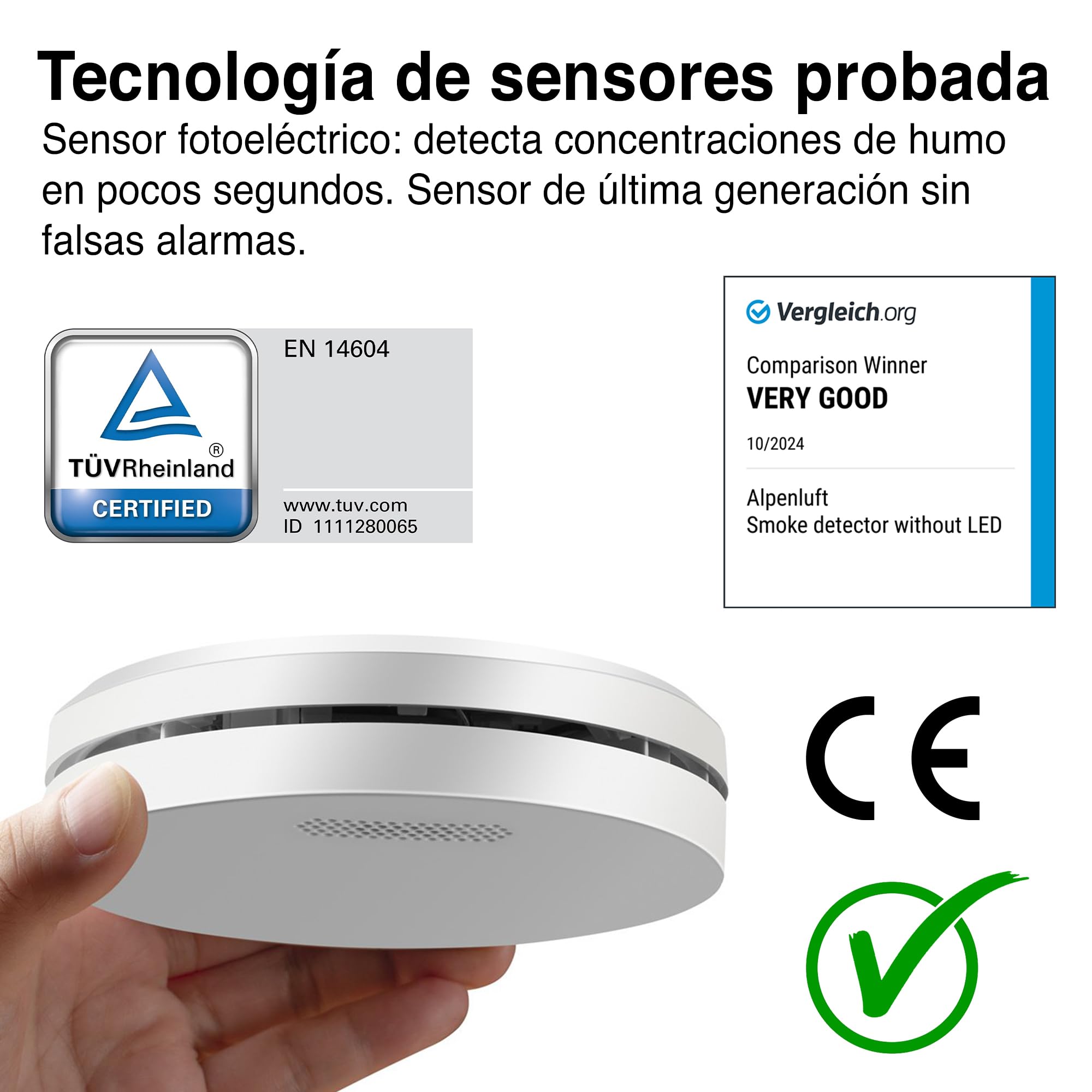 ALPENLUFT Detector de Humo 10 años de batería, Detector de Incendios, Smoke Detector, Sin perforación, Sin LED Intermitente, para hogar (Set con 1)