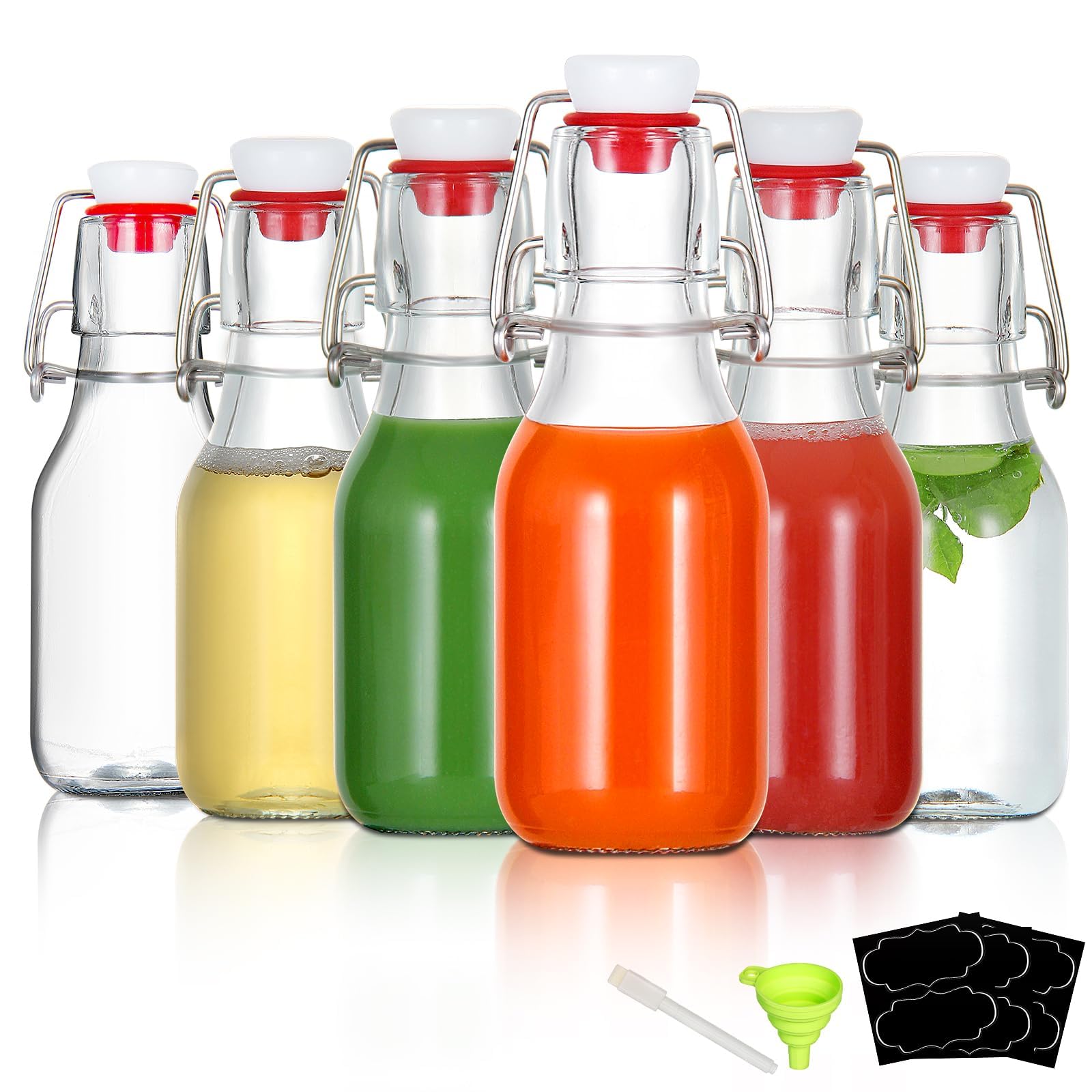 YEBODA Paquete de 6 botellas de vidrio con tapa abatible de 4 onzas, pequeñas botellas de vidrio con tapa hermética para elaboración casera, kombucha, segunda fermentación, kéfir, bebidas, refrescos,