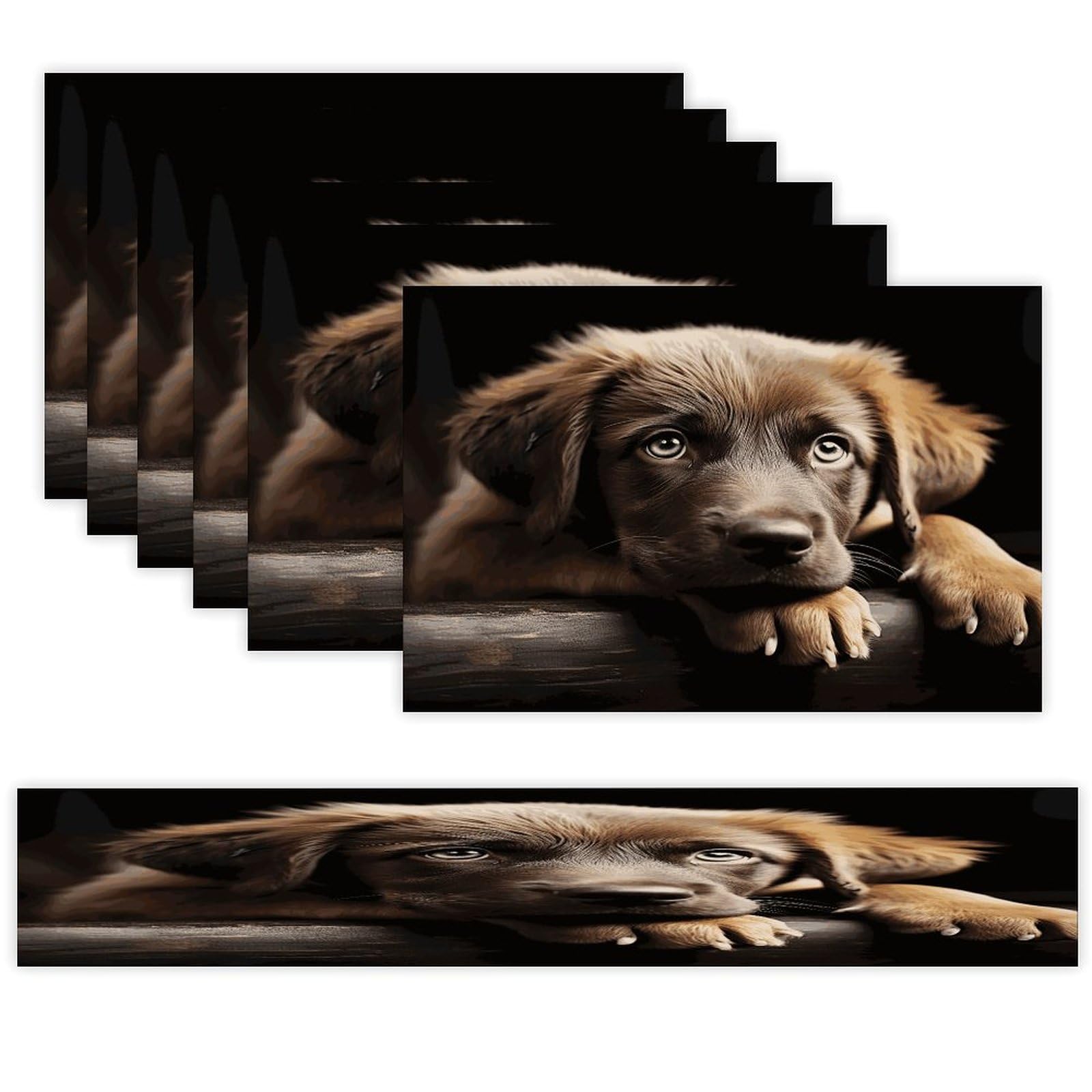 Puppies Dog Table Runner and Placemats Set of 6 for Kitchen Washable Table Mats Heat Resistant Place Mats Non-Slip Place Mat Wipeable Placemat(6 Placemats+1 Table Runner)