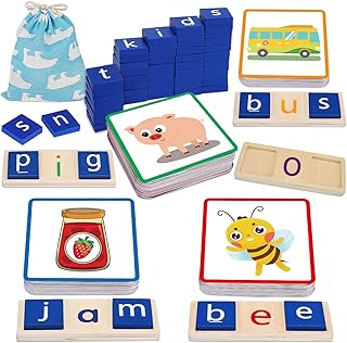 Wooden Vowel Learning Toys with 50 Sight Word Flash Cards Kindergarten Classroom Must Haves CVC Words Spelling Games Preschool Learning Activities Educational Toys for 3 4 5 6 7 Year Old Kids(108 PCS)