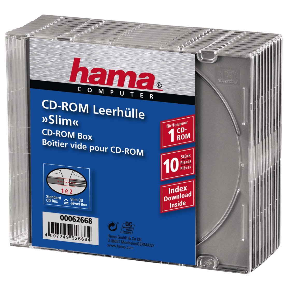 Hama Cd-rom Slim Empty Boxes, Pack Of 10, Silver