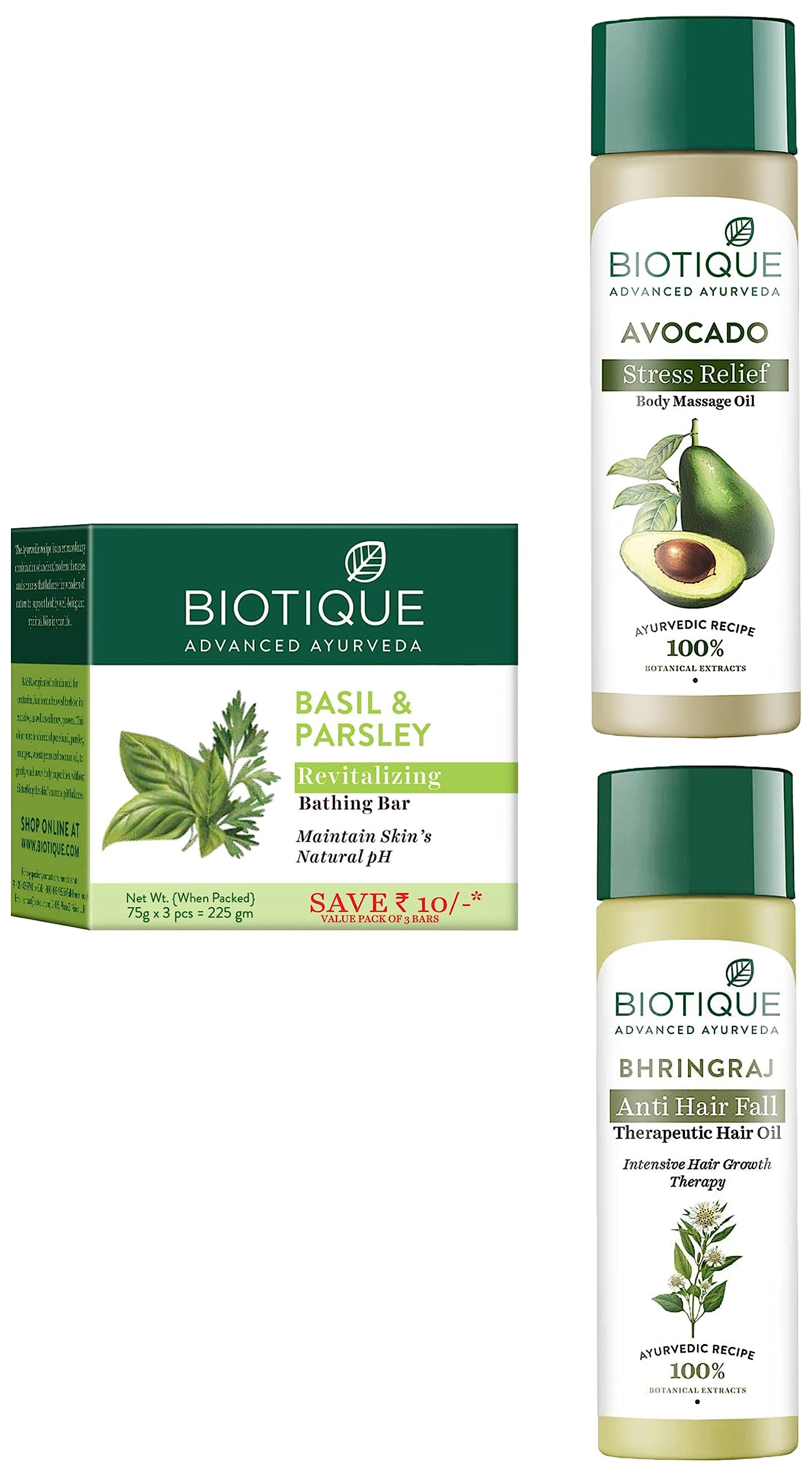 Biotique Bio Basil & Parsley Body Revitalizing Body Soap, 3pack, 225 g (3x75 g) & Biotique Bio Bhringraj Therapeutic Hair Oil, 120ml & Biotique Cado Stress Relief Avocado Body Massage Oil, 200ml