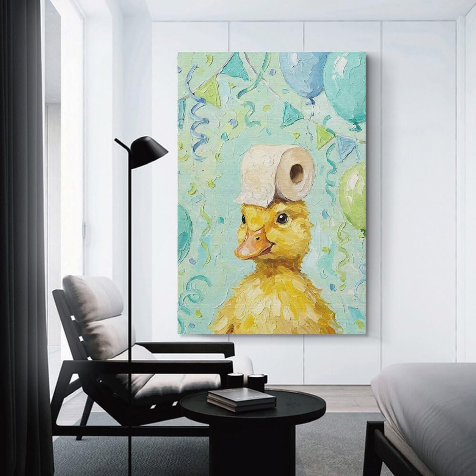 Junmoney Unframe-Style-11 Canvas Wall Decor Duckling With Toilet Paper Hat, 24X36inch(60X90cm), For Flats, Guest Rooms Or Compact Rooms, Wall Decor With Flexible Room Appeal