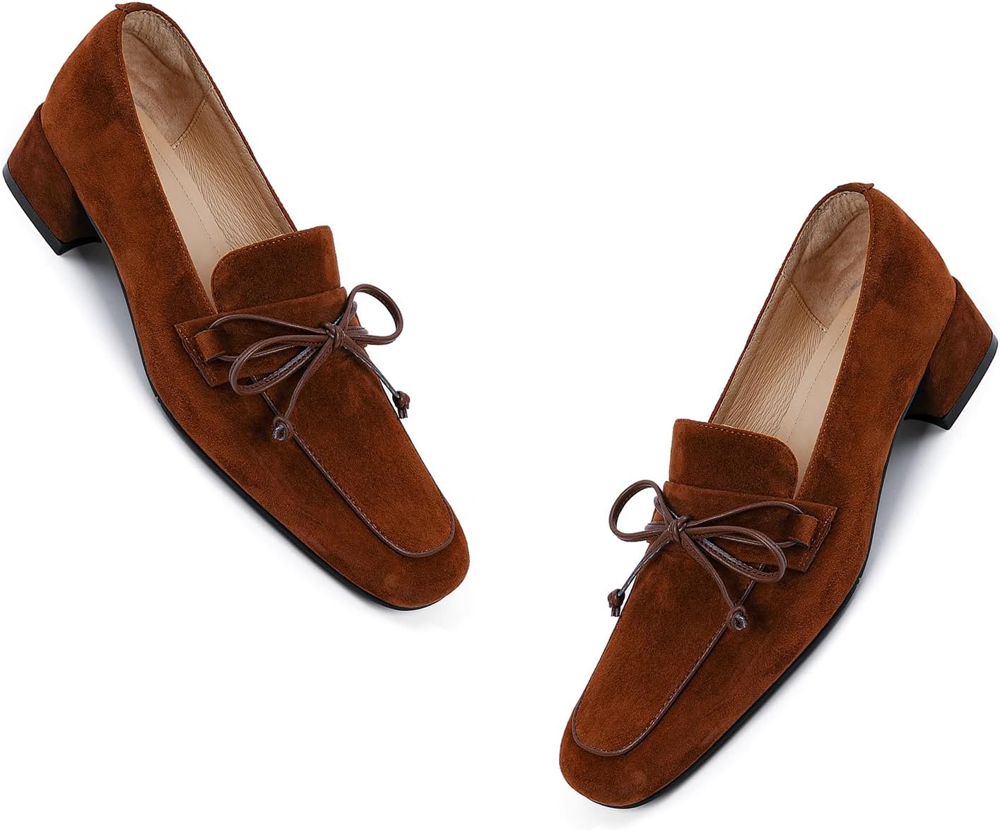 MOOMMO Women Chunky Low Heel Loafers Bow Suede Slip On Closed Square Toe Loafer Shoes Oxfords Comfy 1" Block Heels Dress Shoes Pumps Office Work Pumps Retro Casual Cute 4-11 M US