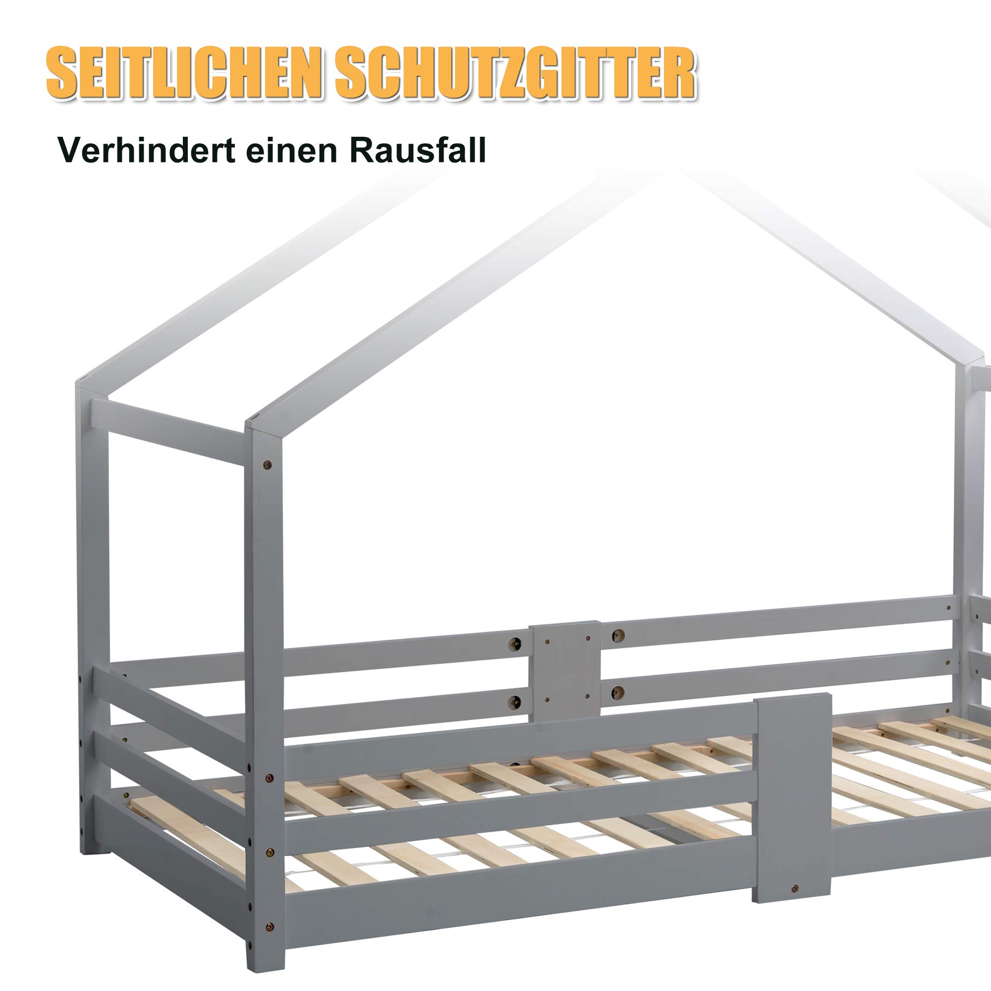 Gecheer Cama Infantil Forma de Casa, Cama Casita de Madera de Pino 90x200cm con Barandillas de Seguridad, Cama Niños con Listones Incluidos, para Dormitorio Infantil, 209x96x142.5cm YJXGGXP-QES-WF1979
