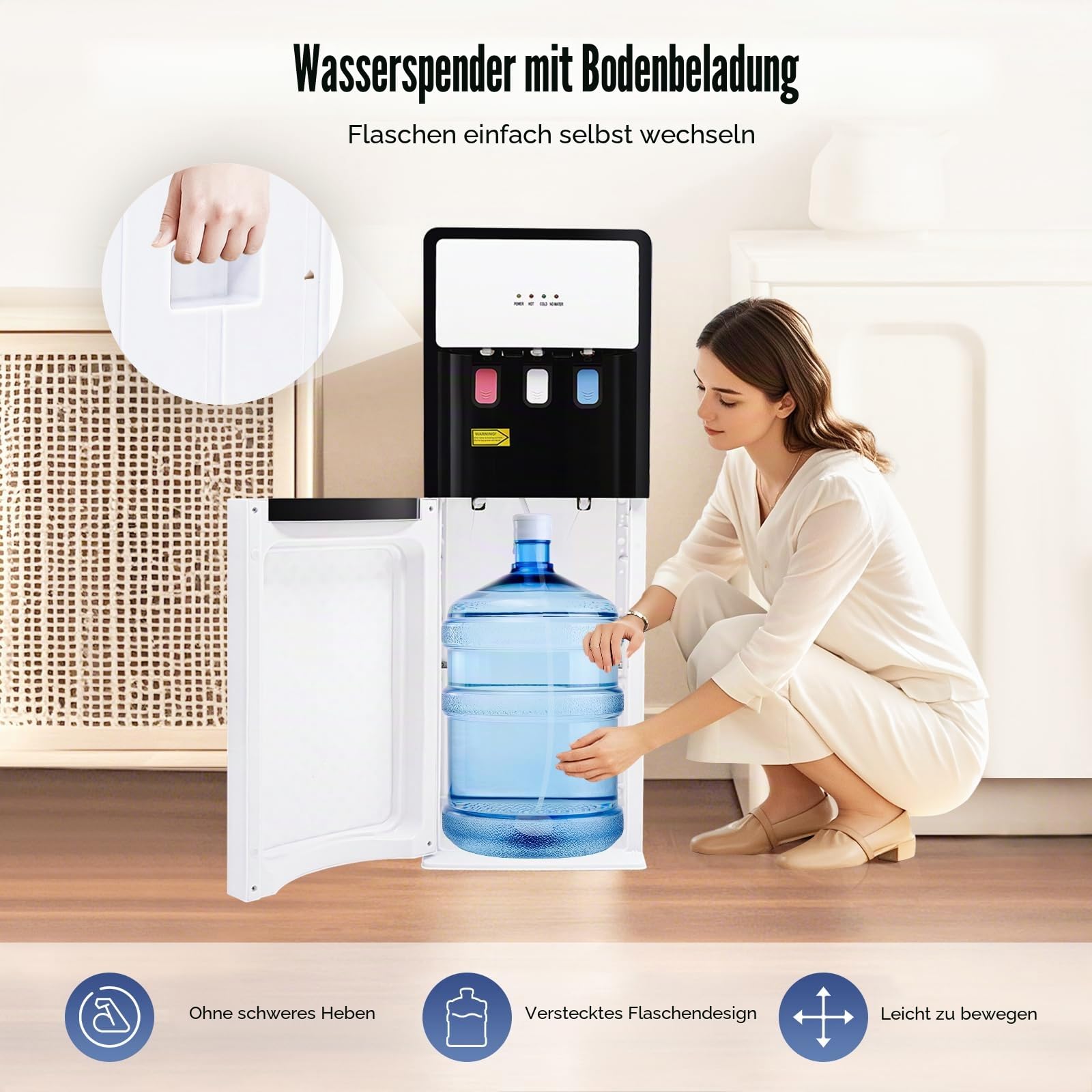 500W Bodenstehender Wasserspender, Elektrischer Heißwasserspender mit 3 Wasserauslässe und Bodenbeladung, Wasserspender für Hause, Büro, Schlafzimmer, Wohnzimmer