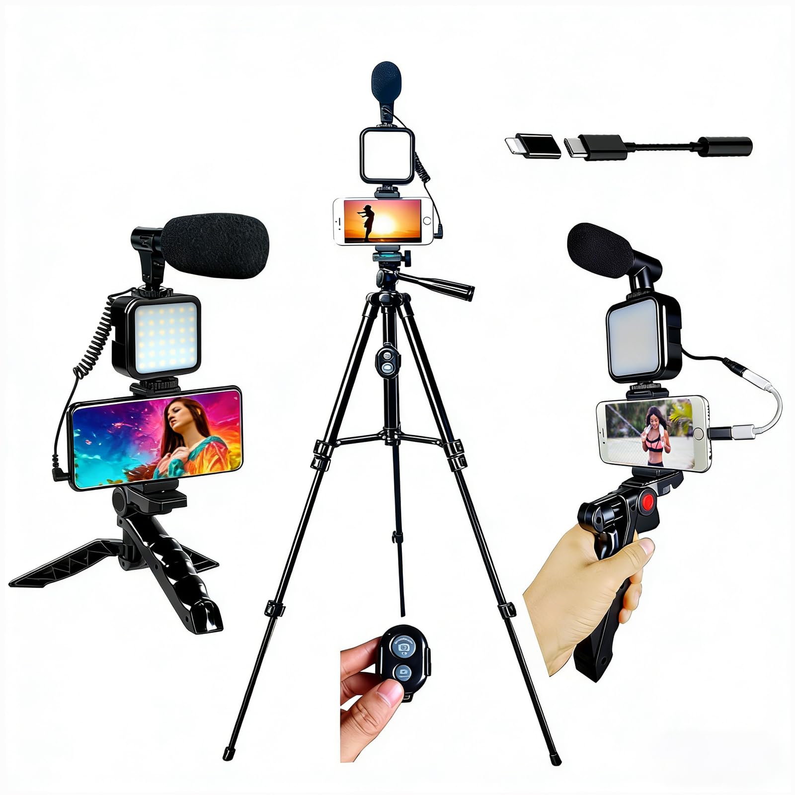 Carrotech Vlogging Kit for iPhone, Vlogging kit for Android Phone,YouTube Starter Kit with Two Tripods Light Microphone Remote and Jack Adapter